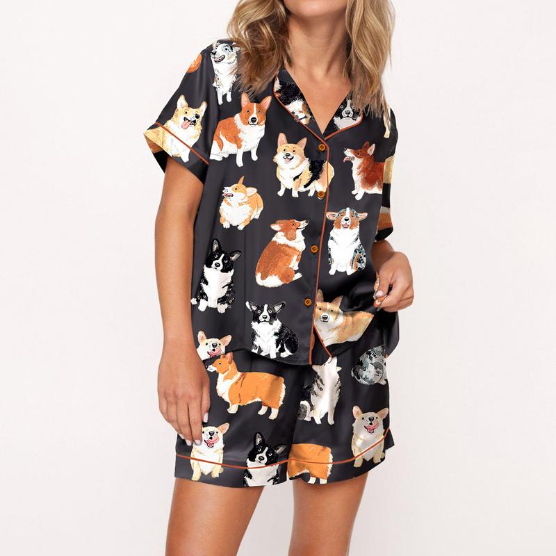 Puppies and Kitties Animals Pajama Set For Women Print Comfy Satin Sleepwear & Loungewear Pjs Printing Silky Short Sleeve Top & Shorts - SHESHOW