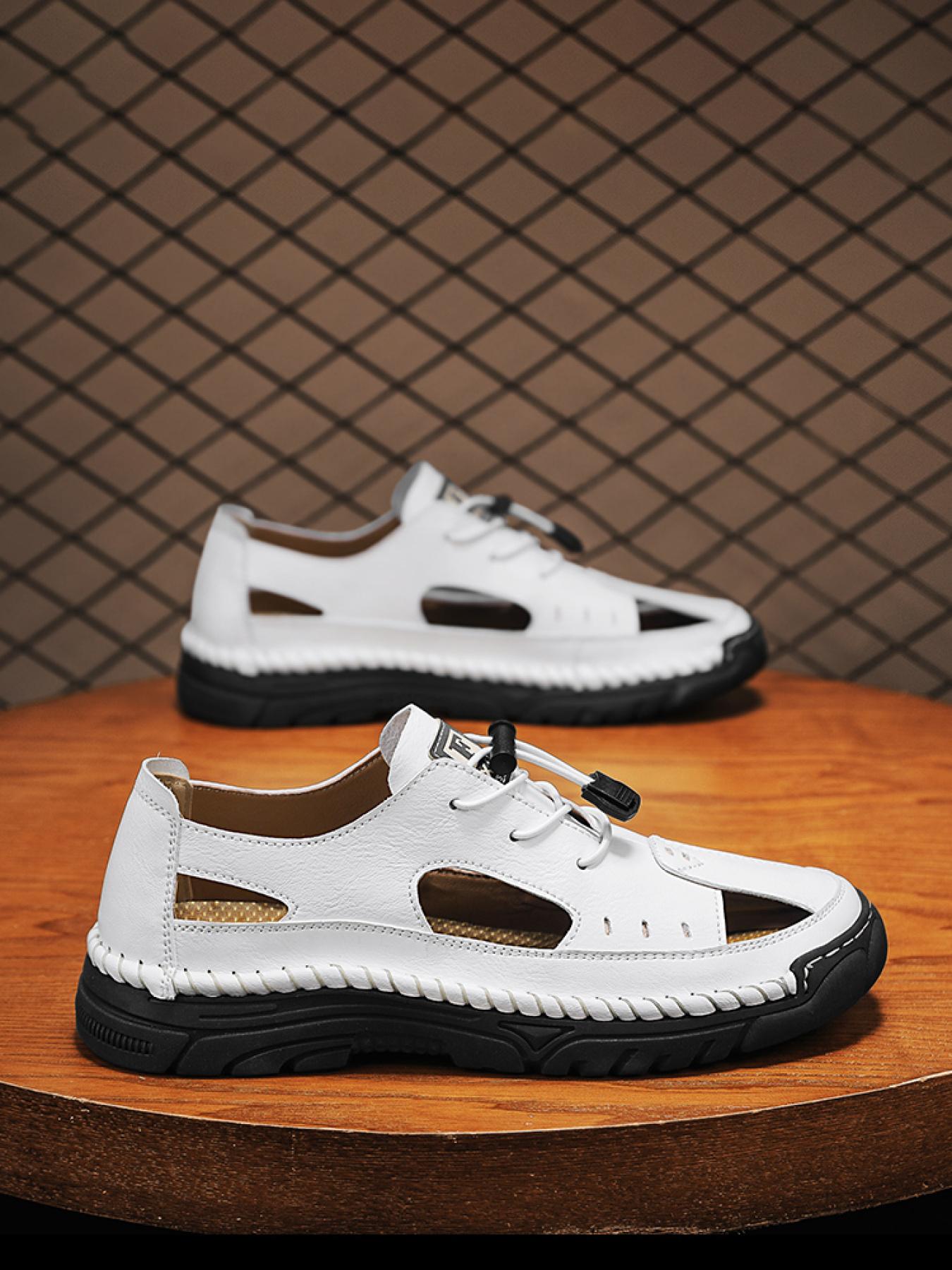 Men's Solid Color Hand-Stitched Closed-Toe Sandals Drawstring Soft Sole Water Shoes Breathable Slip-On Outdoor Beach Shoes