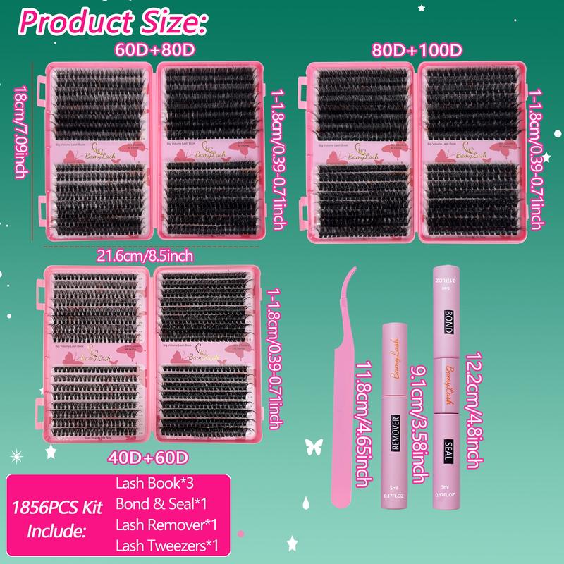 Lash Clusters Kit, 1856-Piece 10–18 mm D Curl 40D/60D/80D/100D Natural Volume Individual Eyelashes Book Set with Bond & Seal, Remover and Tweezers, Perfect for DIY at Home for Women and Beginners Lash Clusters Kit, 1856-Piece 10–18 mm D Curl 40D/60D/80D/100D Natural Volume Individual Eyelashes Book Set with Bond & Seal, Remover and Tweezers, Perfect for DIY at Home for Women and Beginners