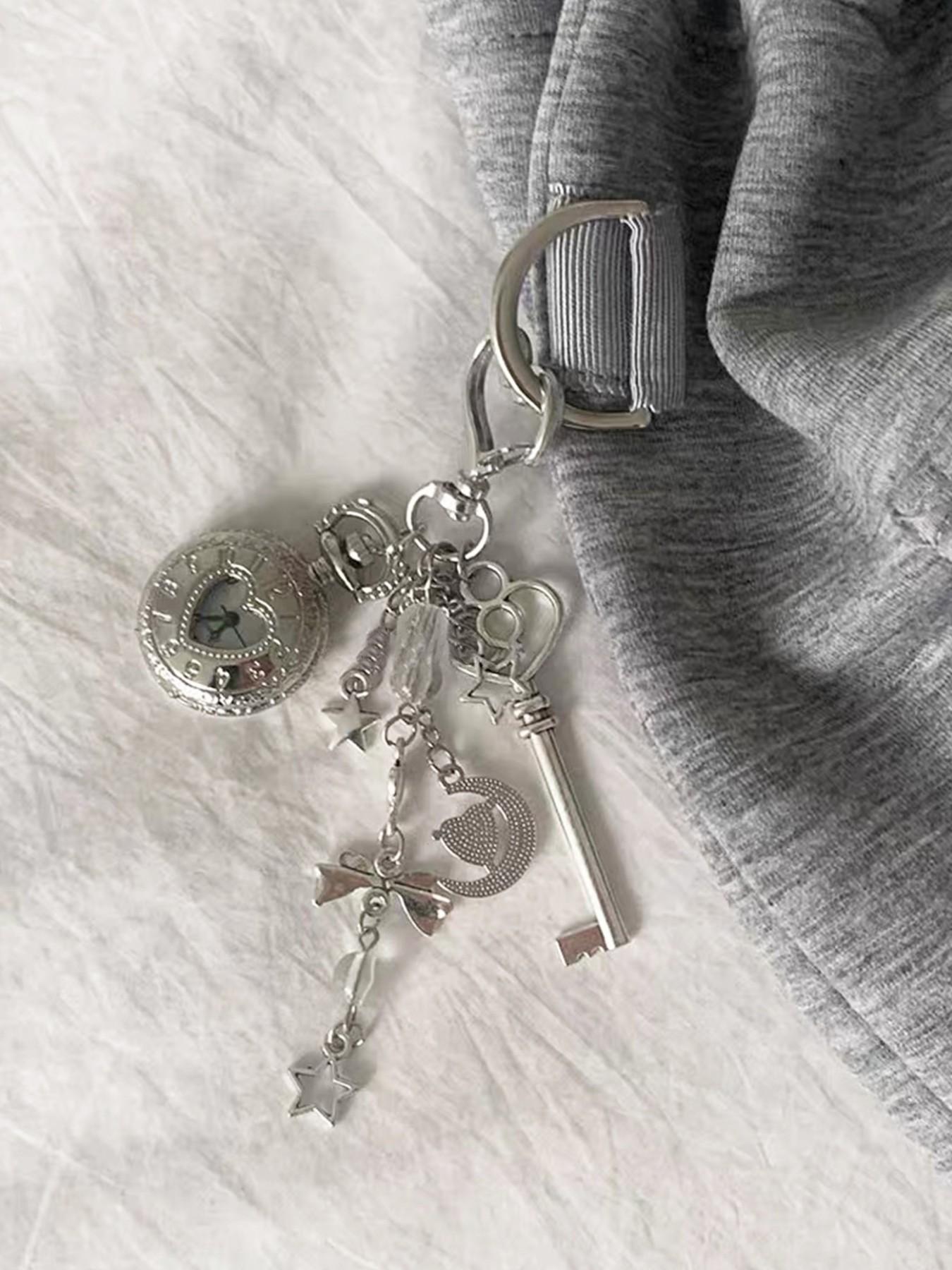 2 Piece Punk Style Metal Heart Keychain, Vintage Pocket Watch Opener, Star Moon Necklace Key, Retro Couple Pendant, Key Ring Accessory