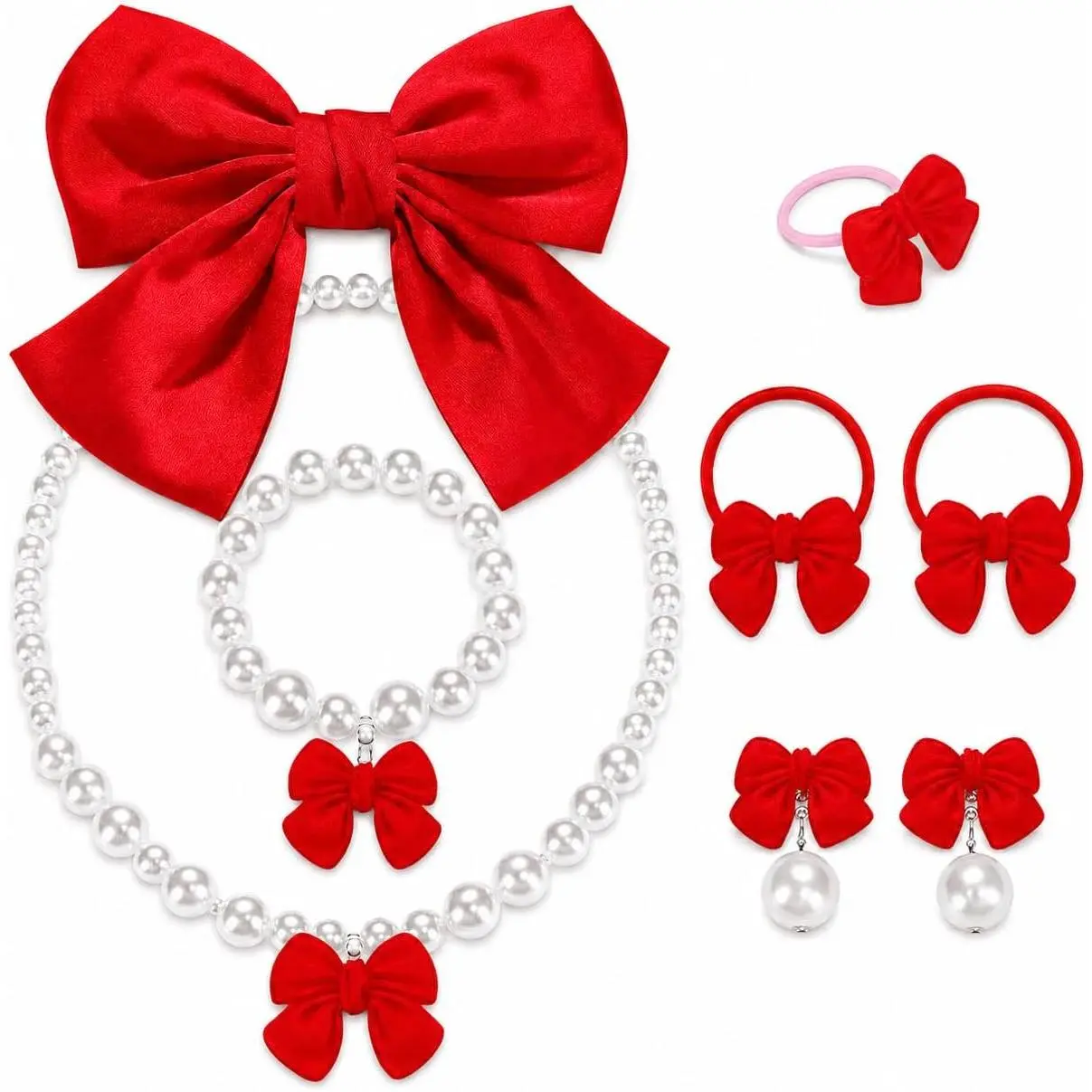 Bow  Set 3 count Ribbon Necklace Bracelet Earrings | Matching open bow charms and bead accents create a coordinated look for birthday parties dinners and everyday outfits