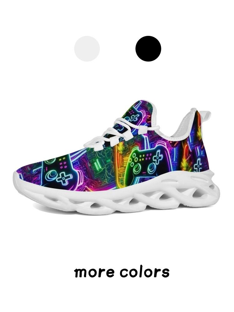 1 Pair Neon Game Controller Cyberpunk Print Blade Thick Sole Dad Shoes E-Sports Trend Shock Absorbing Breathable Casual Sneakers For Men Women