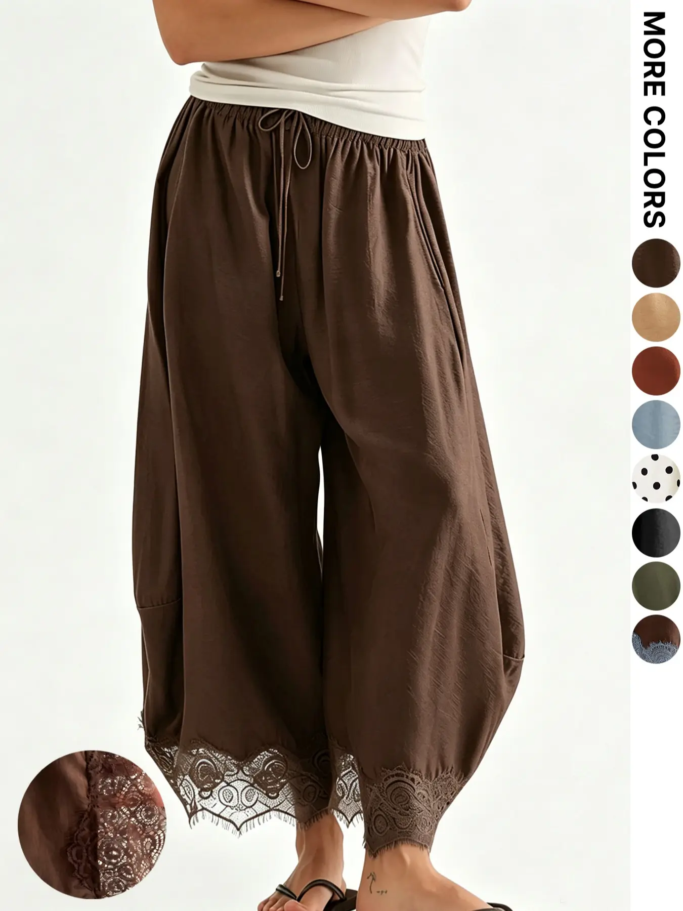 Lace Trim Wide Leg Pants,pumpkin pants, Millennial Retro Sweet Style Elastic Waist Adjustable Drawstring Long Pants, Loose Fit Daily Casual Streetwear Lightweight Women's Trousers