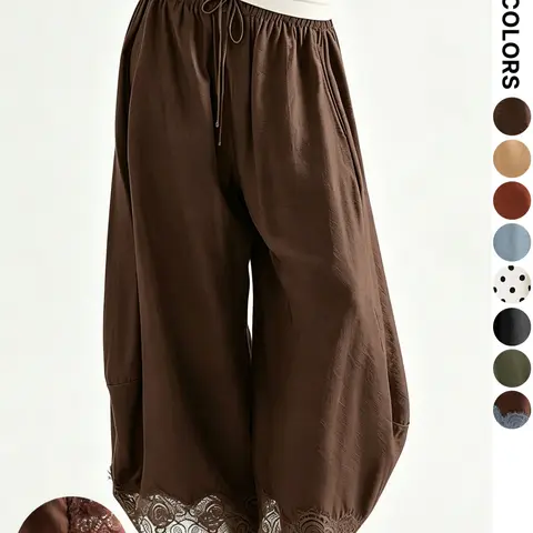 【Black Friday】Lace Trim Wide Leg Pants, Millennial Retro Sweet Style Elastic Waist Adjustable Drawstring Long Pants, Loose Fit Daily Casual Streetwear Lightweight Women's Trousers