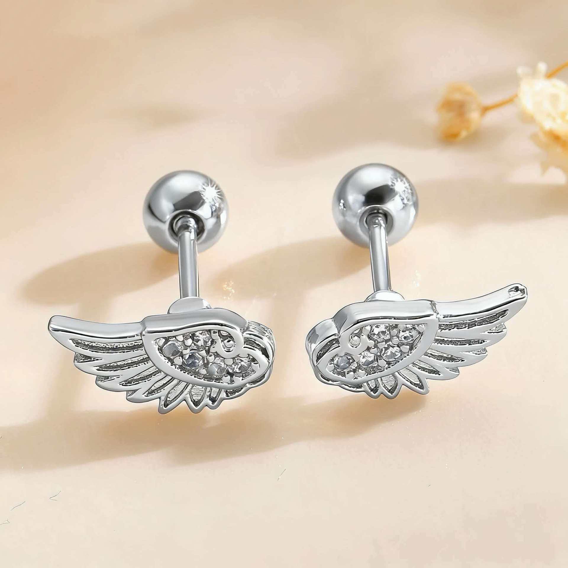 Angel Wings Design Couple Cartilage Piercing Ear Studs, Sweet and Cool Hot Girl Style Micro Inlaid Zirconia Earrings