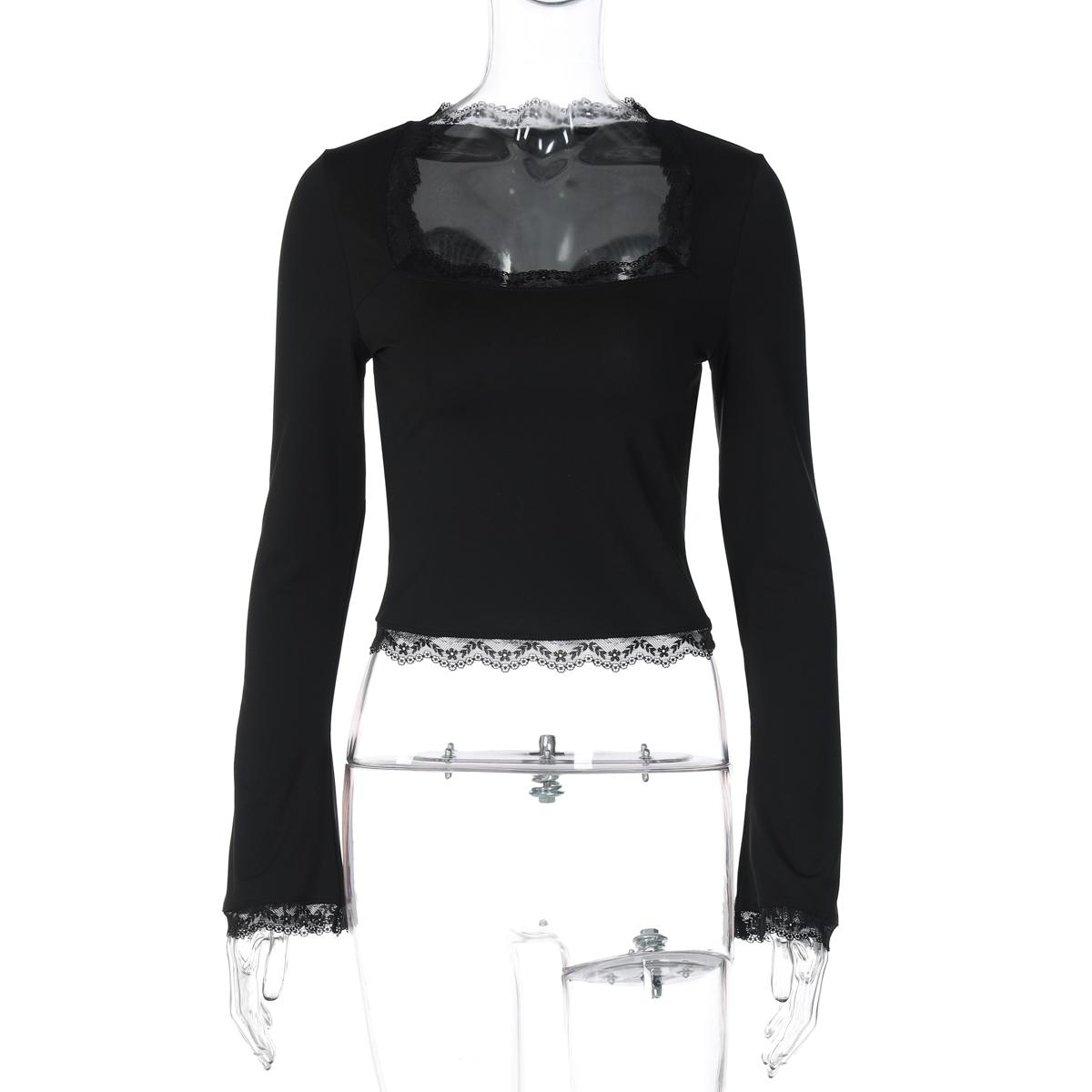Women's Square Neck Top, Solid Lace Trim Long Sleeve T-Shirt, Elegant Chic Plain Flared Sleeves Slim Fit Crop Top for Spring, Fall and Winter, Womenswear, Blouses Shirts Tops, Casual Elegant Classy, Perfect for Parties, Dates and Everyday Wear