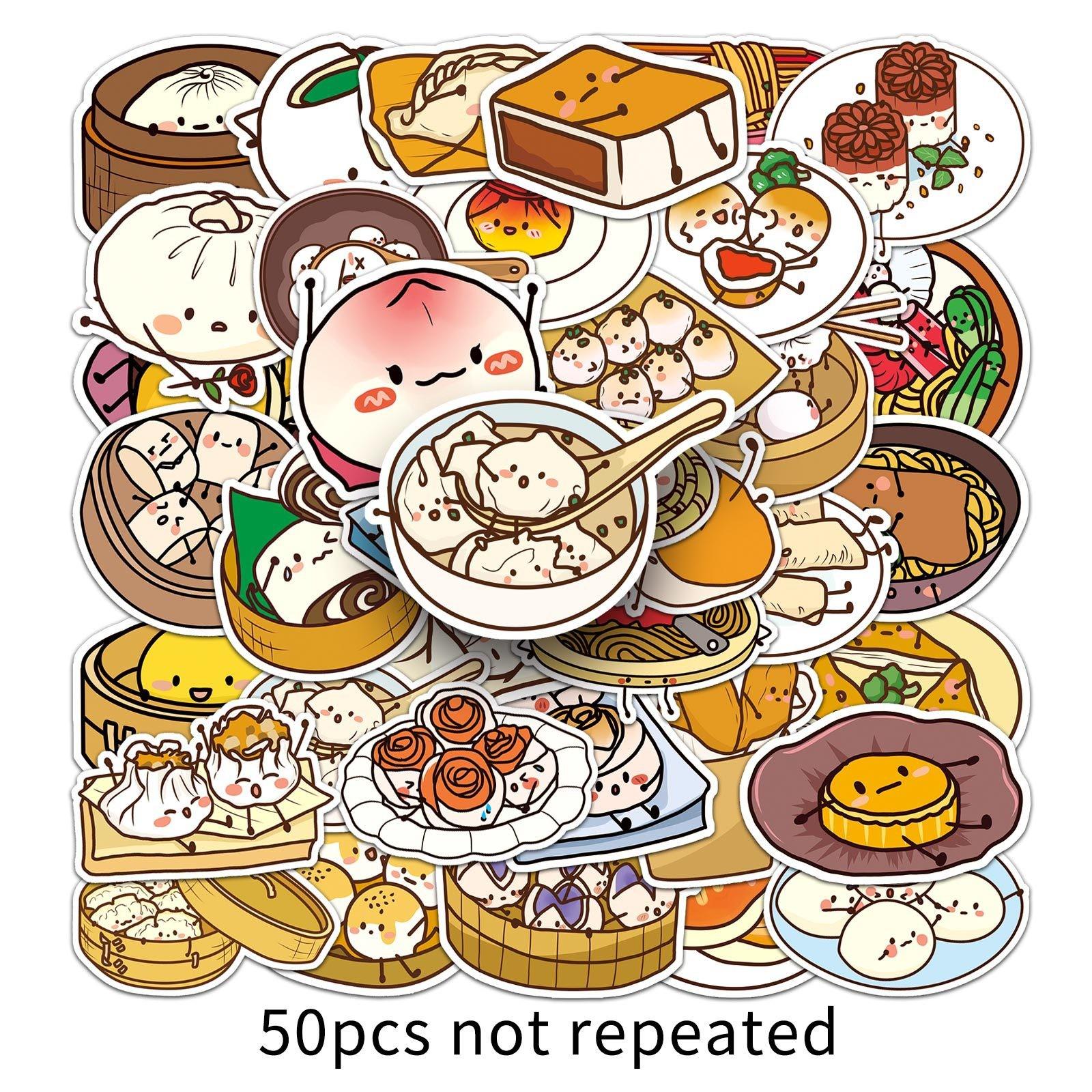 50 Pcs Food Stickers Set, Waterproof PVC Chinese Breakfast Stickers, Cute Cartoon Dumplings Baozi, for Phone, Mug, Notebook, DIY Gift Decor, Phone Decoration, Illustration Stickers