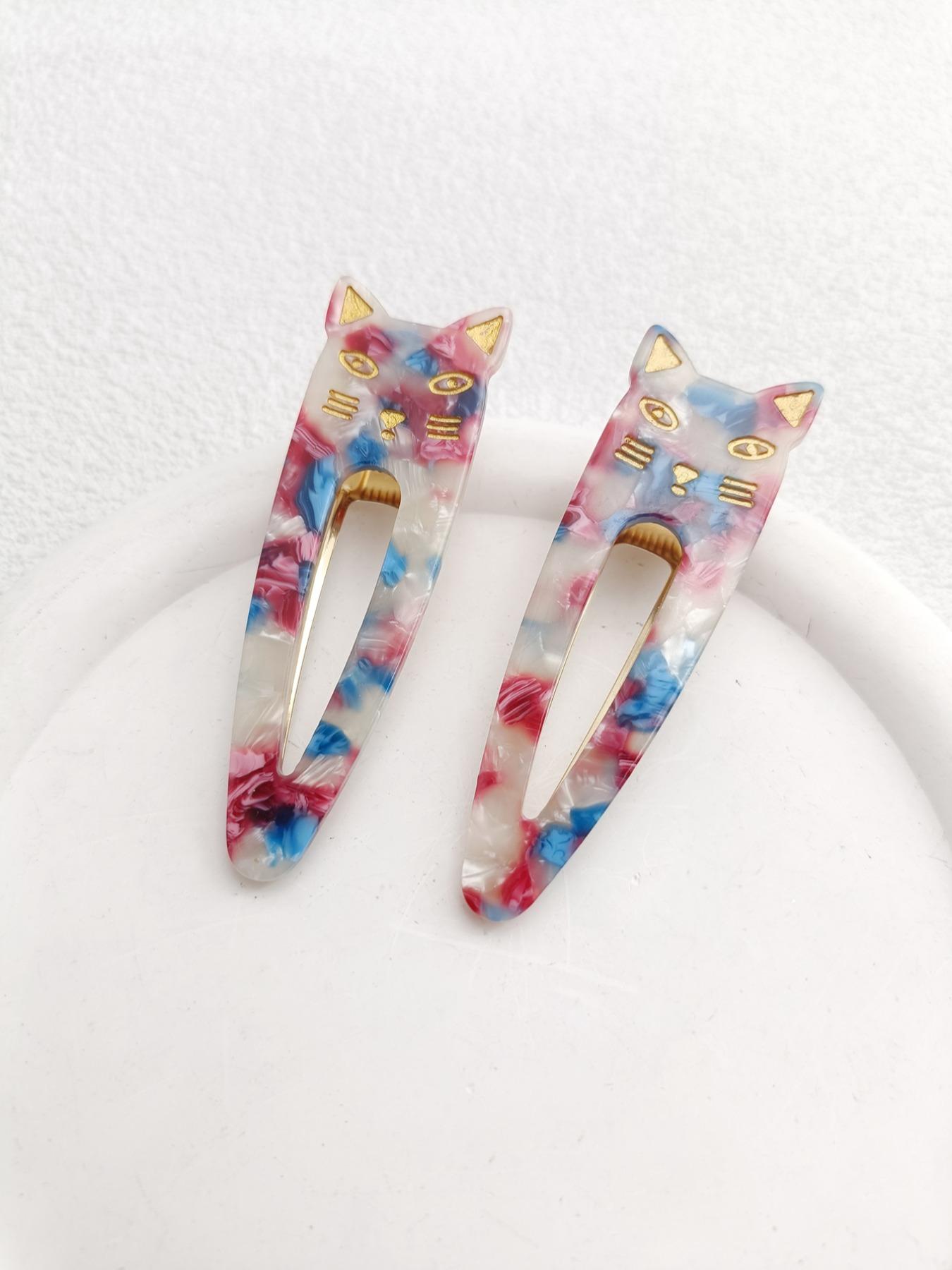 2PCS 7.3cm Cat Acetate Metal Hair Clips - Cute Cat Shape, High-Quality, Durable, Easy to Wear, Hair-Friendly for Daily Use at Work, School, or Dates