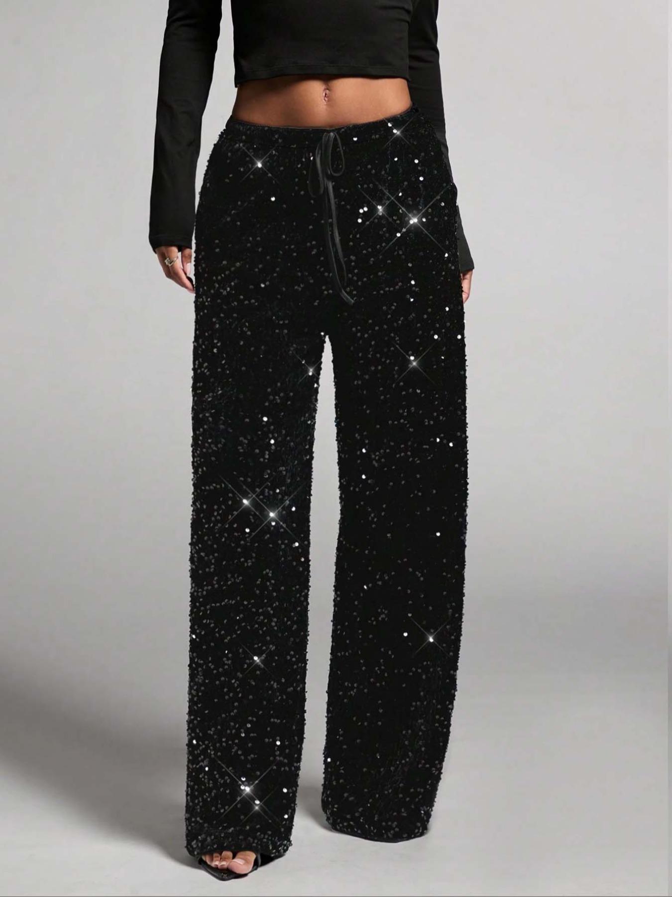 Women's Fashion Pants with Elastic Waistband, Bow Design, Sequins Detailing, Stylish Fitted Trousers Bottoms for Casual Wear