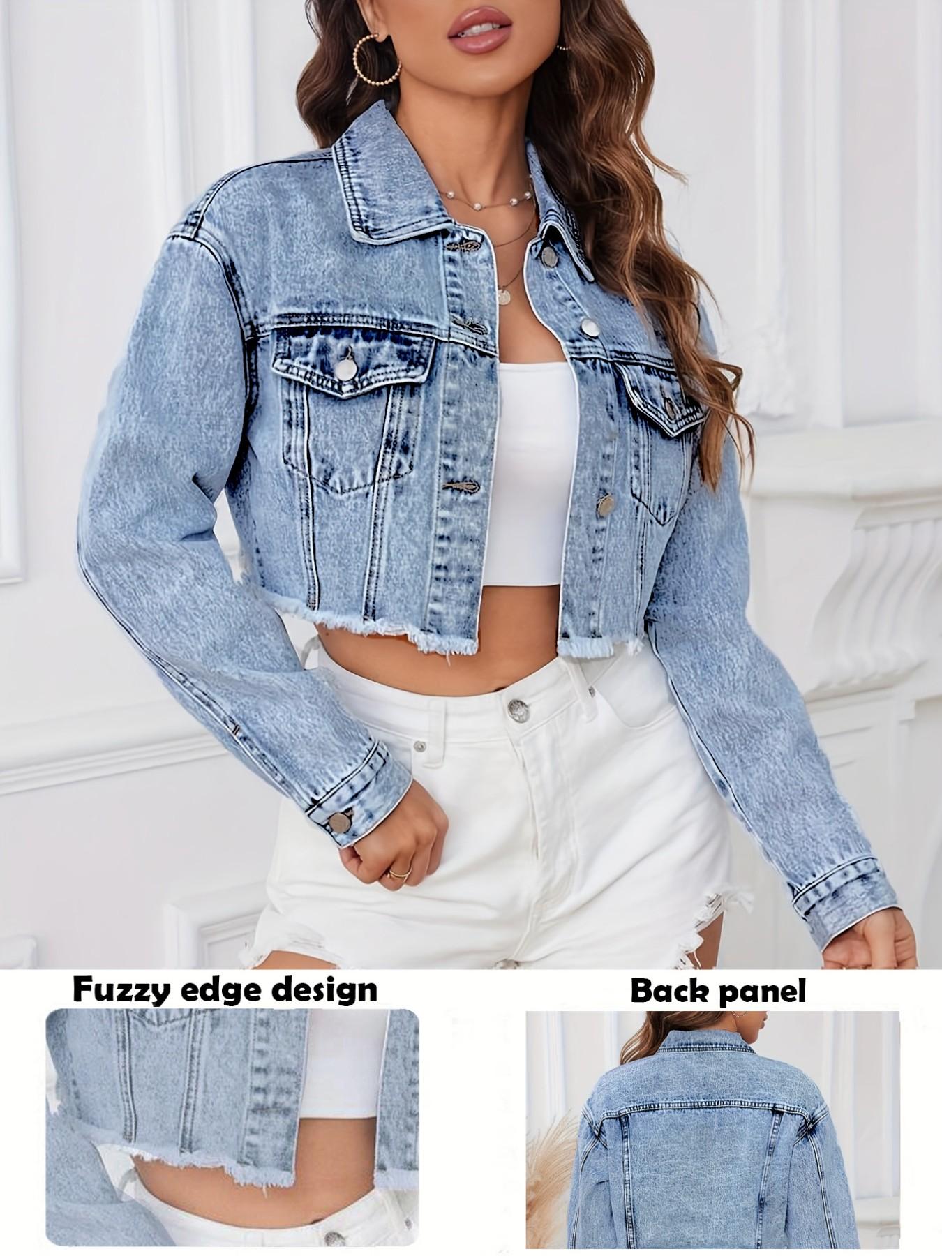 Casual Fashion Frayed Edge Non-Elastic Women's Long Sleeve Light Wash Denim Jacket Coats, Stylish and Comfortable Outerwear for Everyday Wear Fit