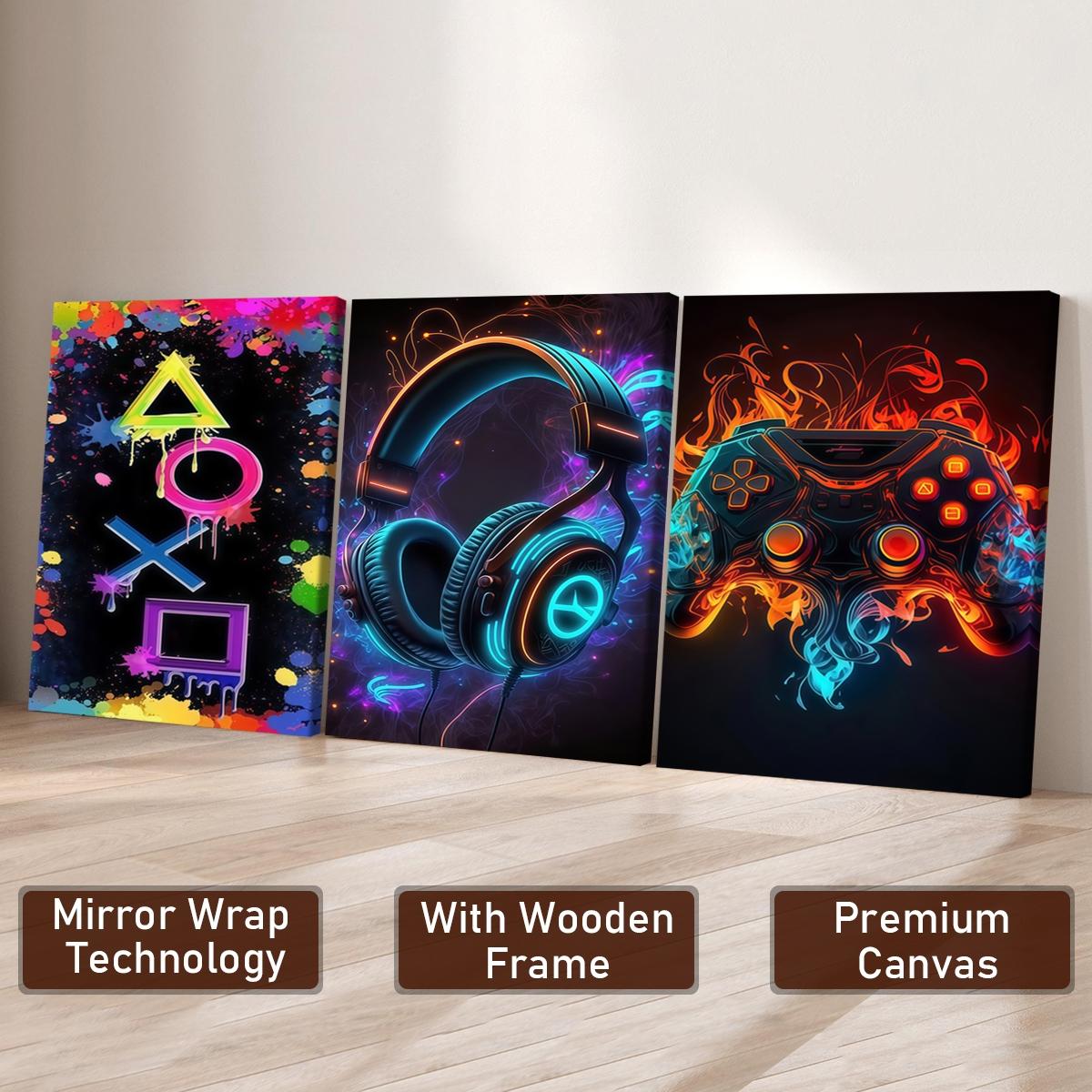 3-count wooden frame canvas, neon ink-wash game buttons, headphone controllers, e-sports triple poster, fashionable art, modern art, home decoration painting, Framed Home Decor, exquisite living room, bedroom and office wall art, waterproof art