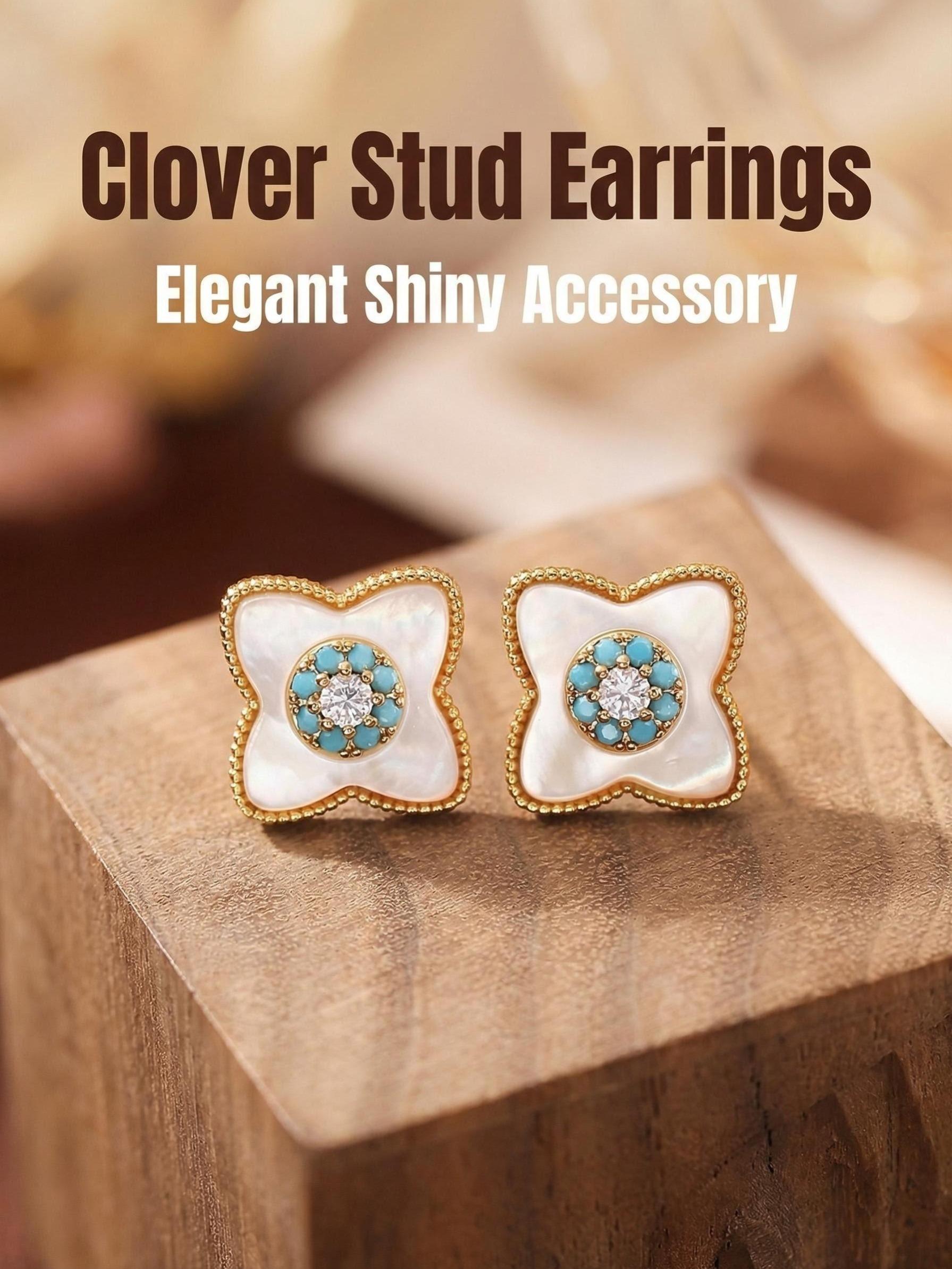 Vintage Clover Mother-Of-Pearl Turquoise Zircon Earrings, Elegant Lightweight Everyday Commuter Jewelry, Versatile Fashion Accessory