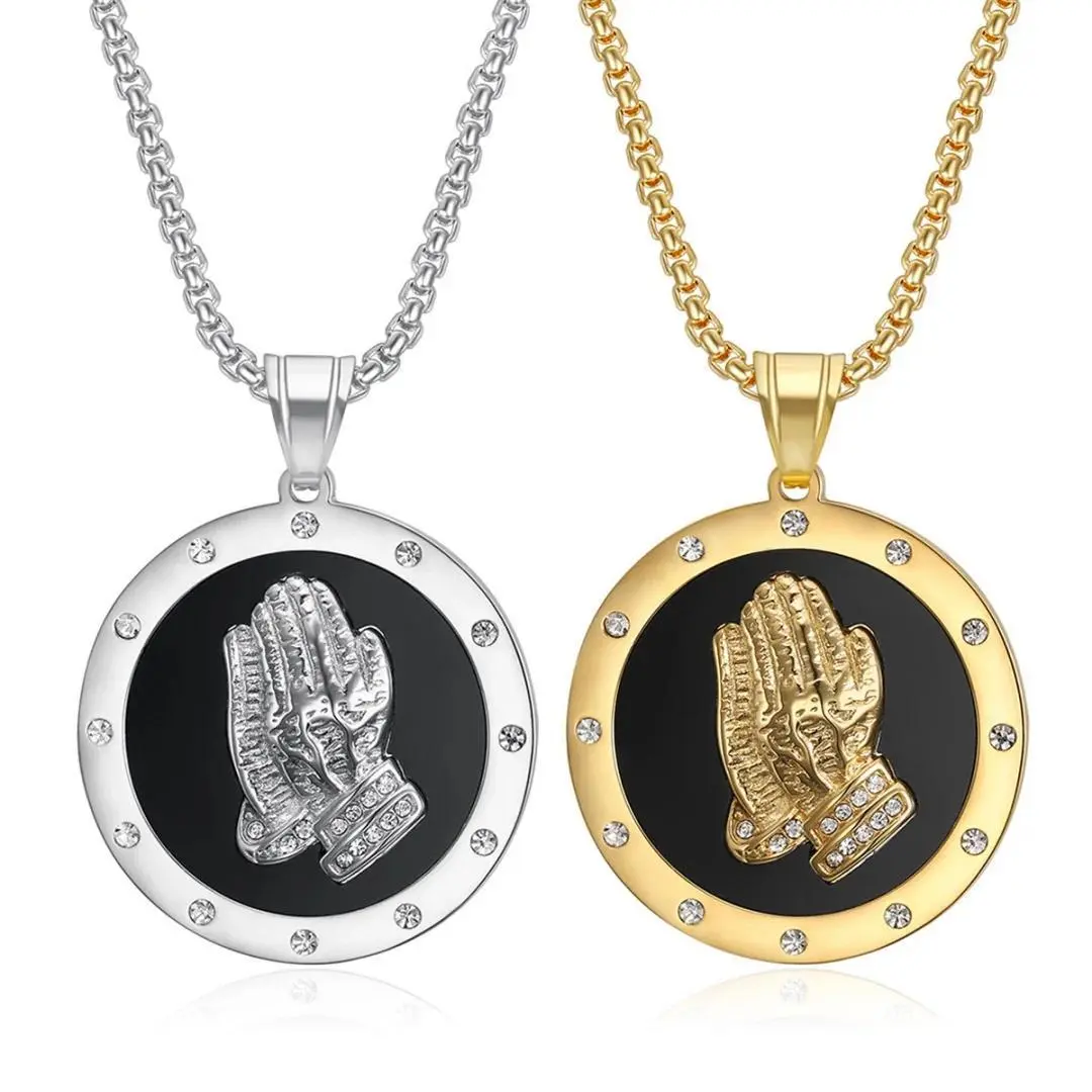 Religious Fashion Praying Hand Pendant Gold Silver Color Stainless Steel Zirconia Round Amulet Necklace for Woman Man Jewelry