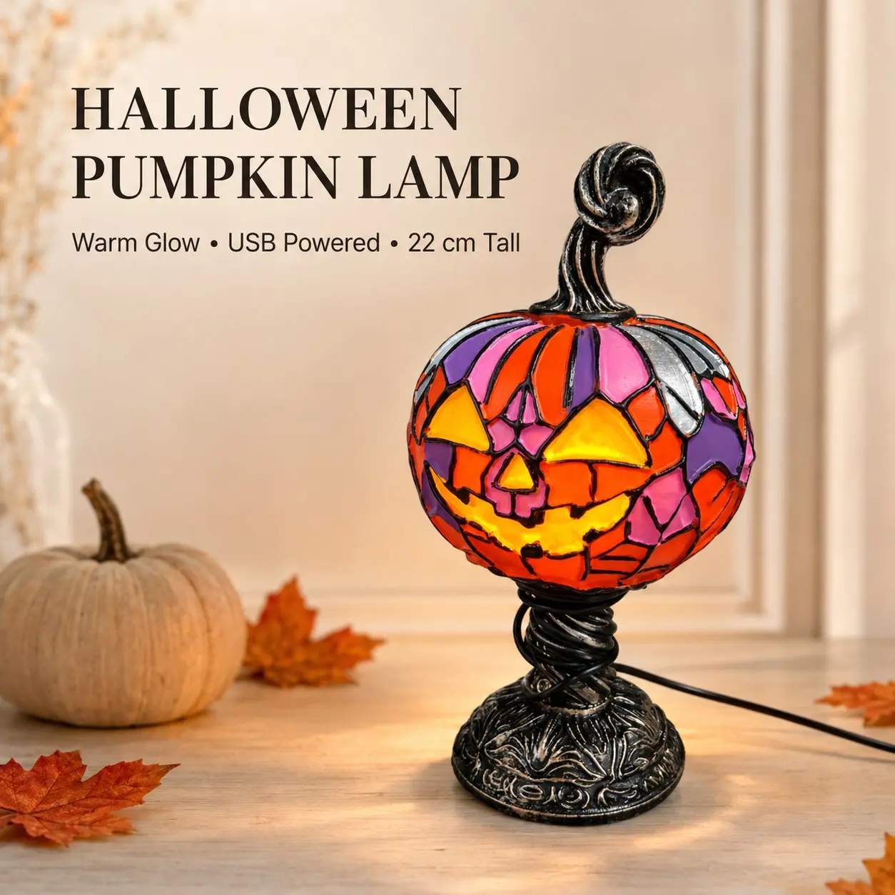 New Halloween Glowing Ghost Bat Pumpkin Table Lamp, Resin Craft Creative Home Decor Ornament, Unique DIY Decoration Piece, Fall Decor, Party Lighting Decoration