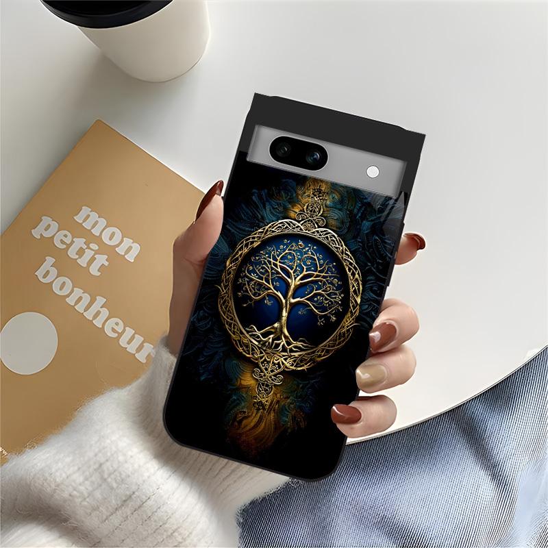 Suitable for [Google Pixel 7a] high-end phone case🤩， high-end patterns，blue and gold tree of life pattern new black phone，drop-resistant and fingerprint-proof YM99