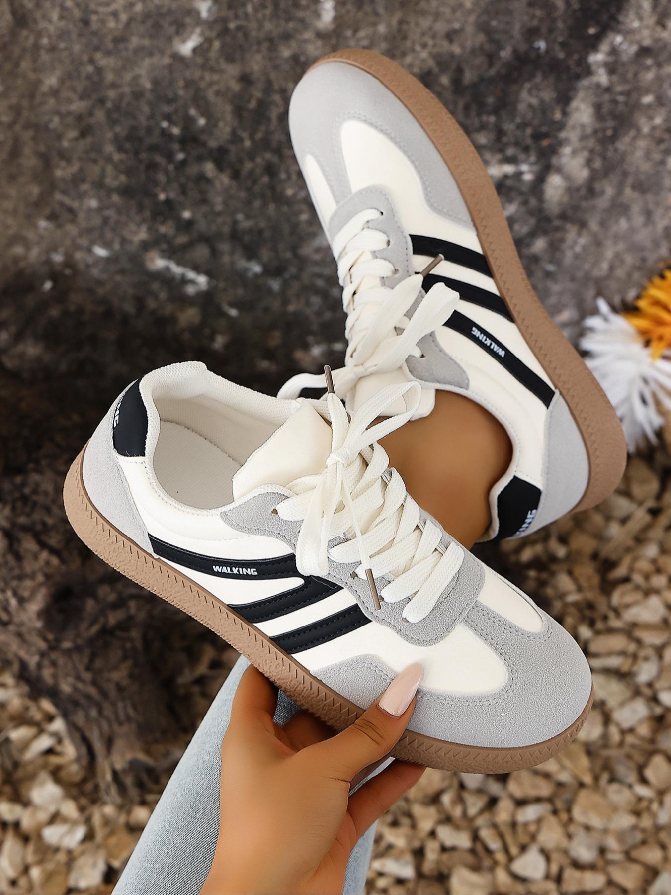Women's Medium Gray & White Two-Tone Suede Retro Sneakers Low-Top Lace-Up Design Gum Sole Casual Daily Fashion Footwear Outdoor Walking Lifestyle Shoes Casual Athletic Footwear Christmas heartwarming gift