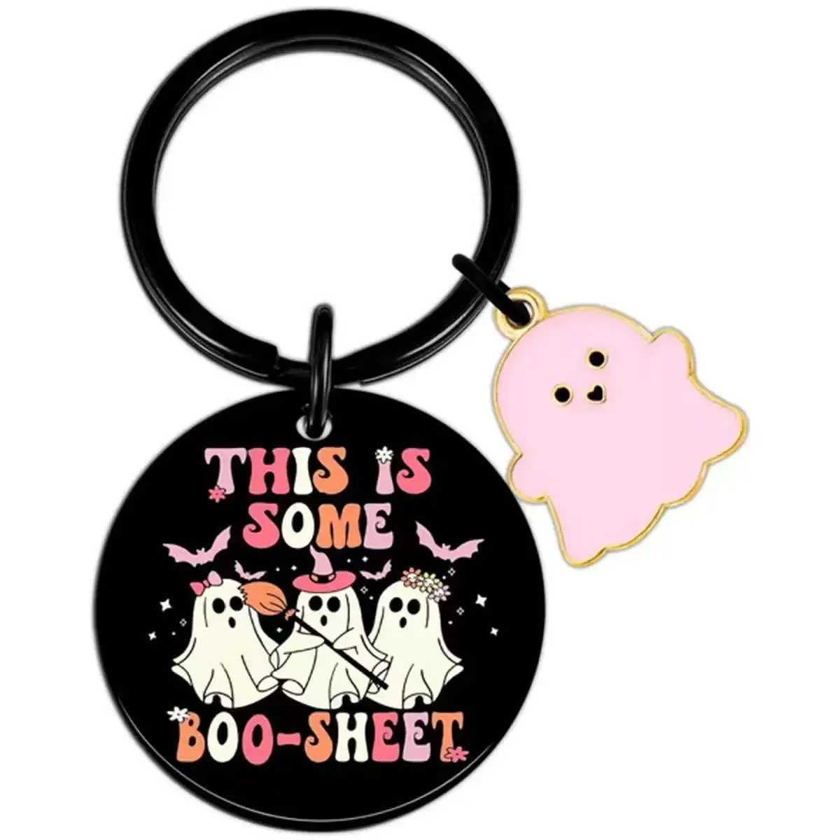 Halloween Cartoon-Style Stainless Steel Keychain with Colorful Ghost Print Pendant