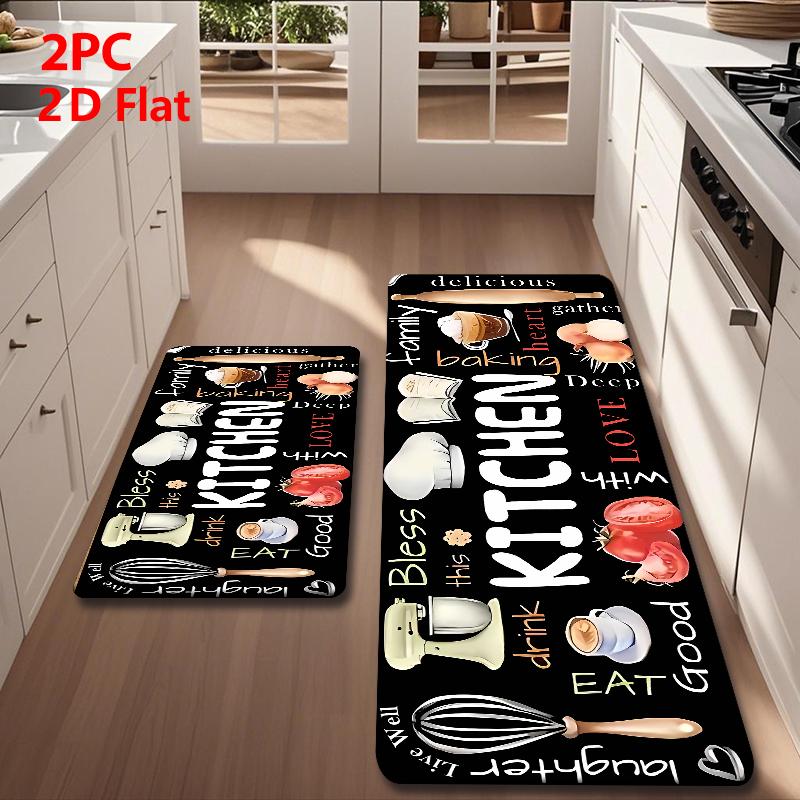 2/3 Piece Flannel Kitchen Mat Set, Decorative Rug, Kitchen Rugs Sets, Fun Kitchen Baking Tools & Food Patchwork Design, Unique Pattern, Anti-Slip, Absorbent, Home Decor