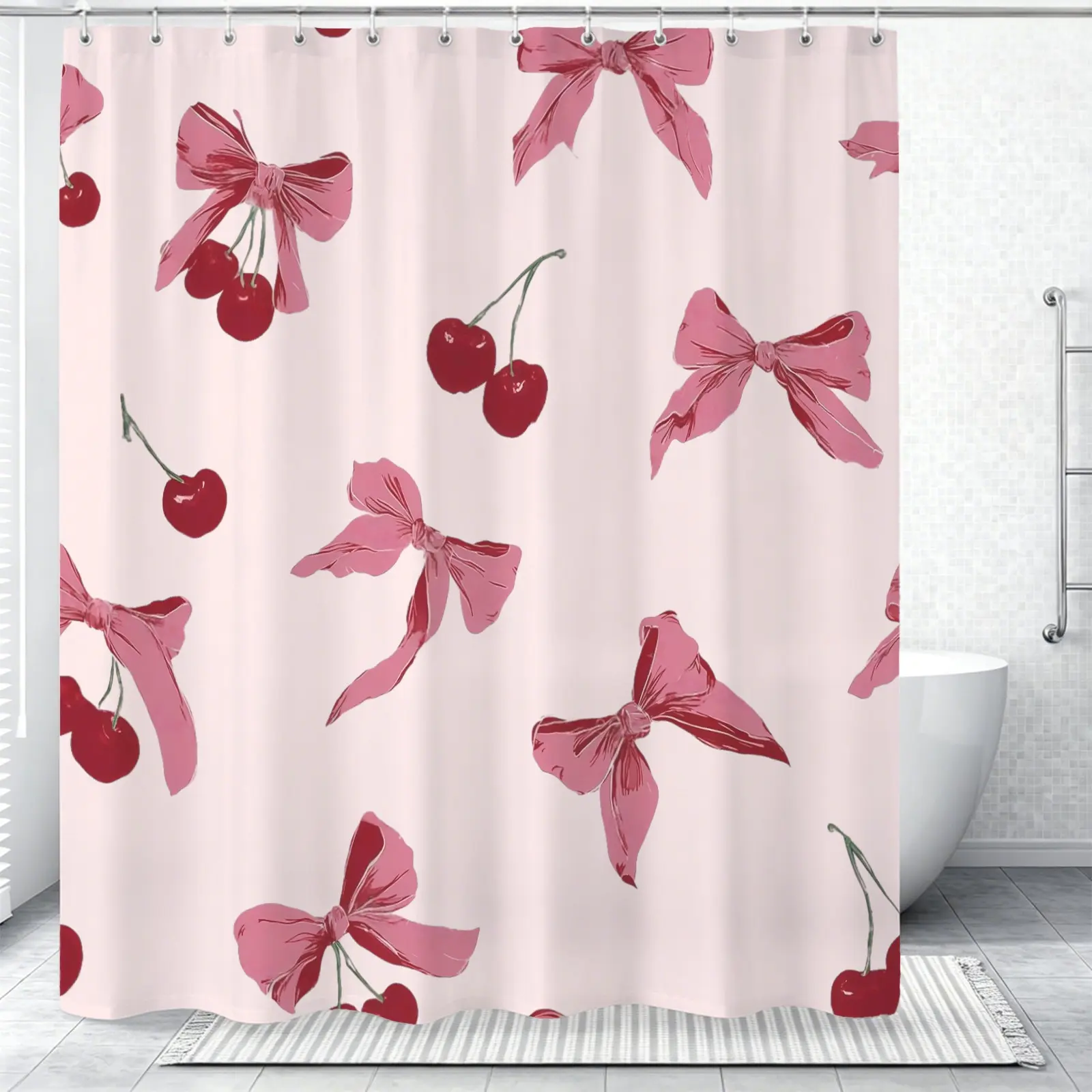 Bow cherry print pattern shower curtain (with hook), a good home decoration and practical item for home use