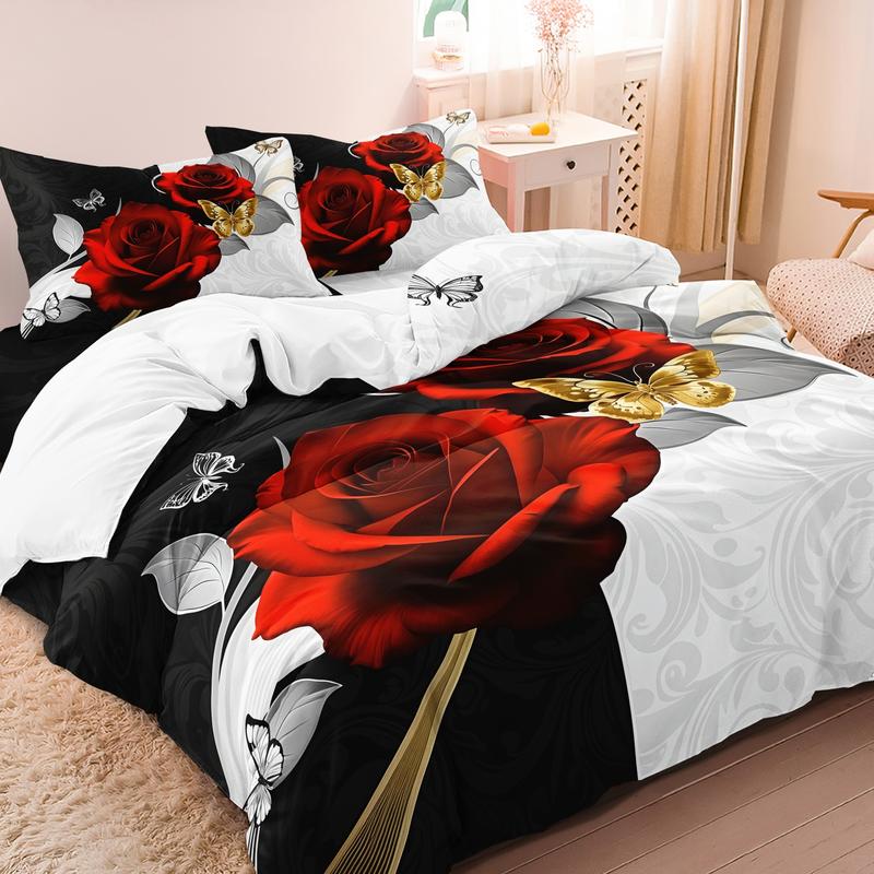 3 Counts/set Valentine's Day Love Letter Rose Pattern Duvet Cover Set including 1 Duvet Cover + 2 Pillowcases, Soft and Comfortable Decorative Bedding for Bedroom or Guest Room, Without Comforter