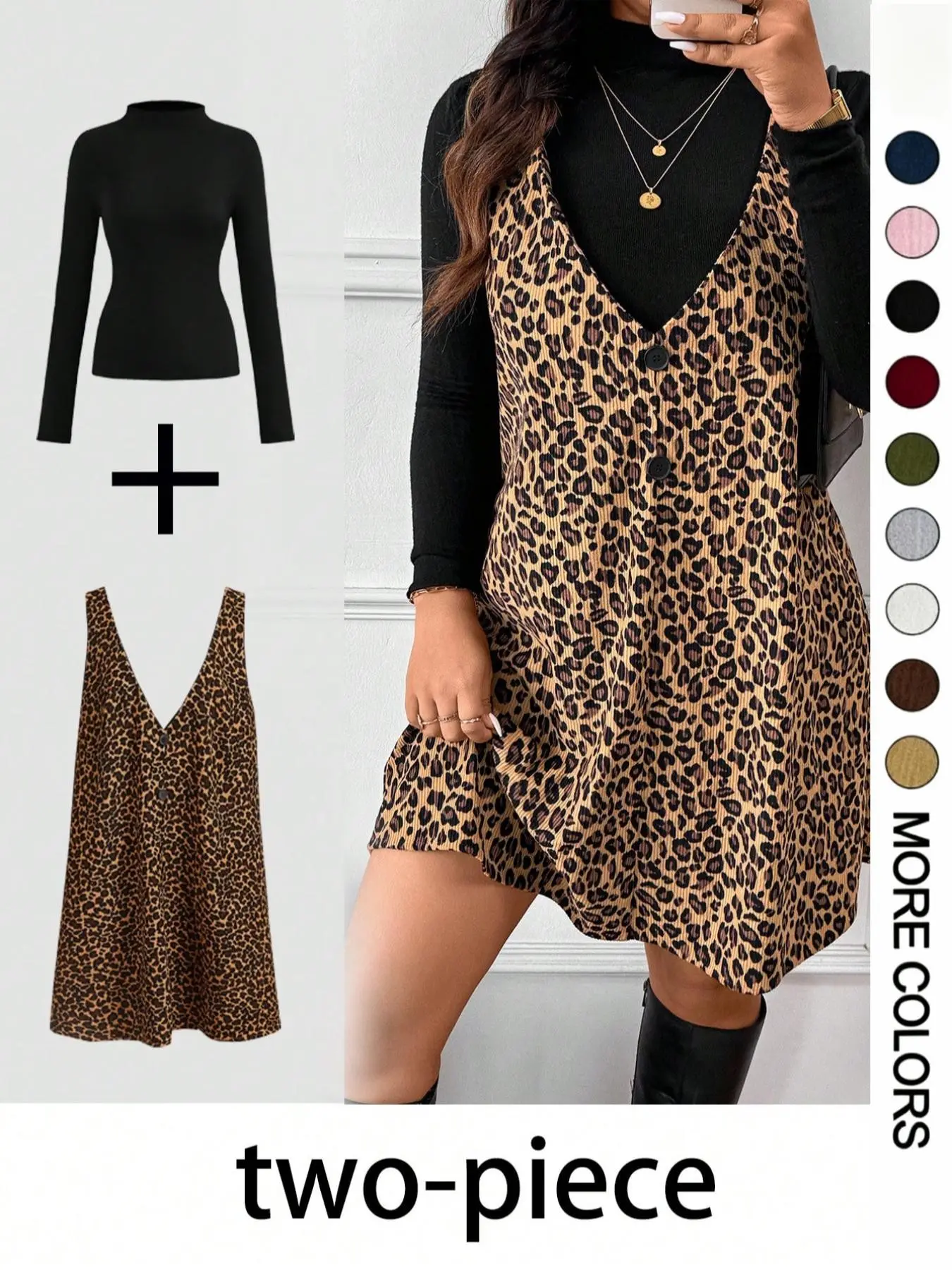 Plus Size Women's Fashion Retro Leopard Print Halter Dress, Casual Long Sleeve Two-Piece Set, Perfect for Autumn Winter Outing and Dates