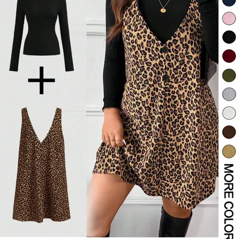 Plus Size Women's Fashion Retro Leopard Print Halter Dress, Casual Two-Piece Set, Long Sleeve Top Perfect for Autumn Winter Outing and Dates