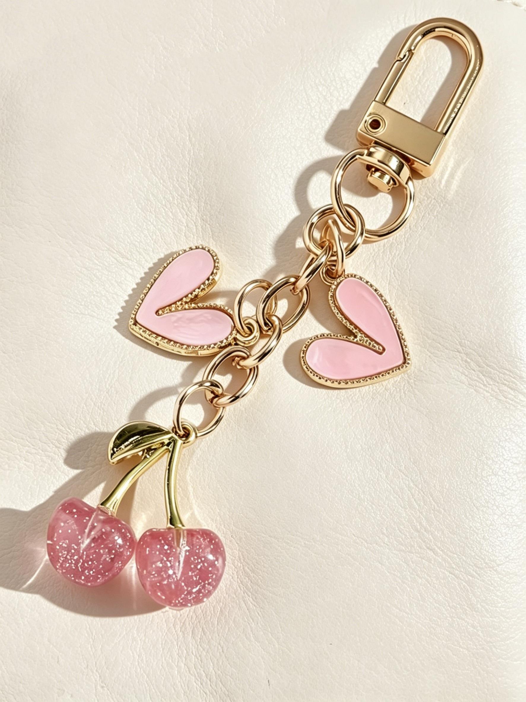 Elegant Cherry Heart Keychain for Women, Cute Glossy Cherry Key Ring, Fashion Bag Charm, Casual Style, No Choking Risk