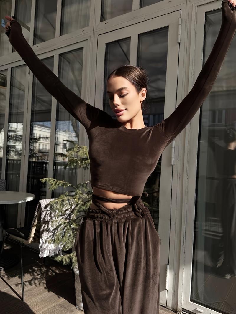 Autumn Winter Casual Knit Elastic Velvet Silk Round Neck Top Pocket Long Pants Home Wear Loungewear Two-Piece Set