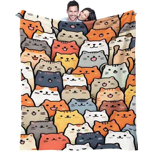 Cartoon Cat Print Blanket  Soft and Cute Flannel Blanket with Cat Print The Perfect Gift for Animal Lovers. Lightweight and Comfortable, Ideal for Bedrooms, Sofas, Living Rooms, and Outdoor Use