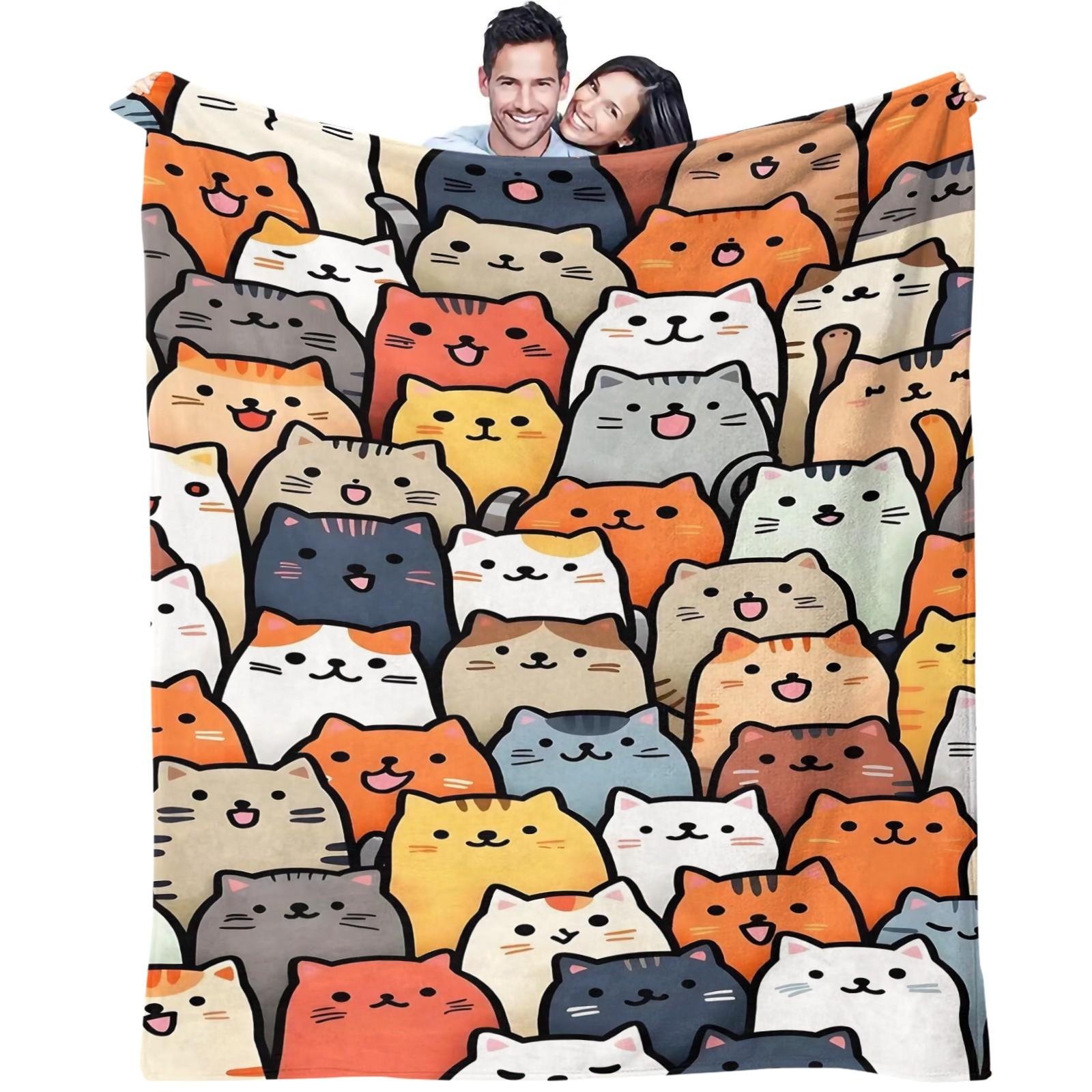 Cartoon Cat Print Blanket  Soft and Cute Flannel Blanket with Cat Print The Perfect Gift for Animal Lovers. Lightweight and Comfortable, Ideal for Bedrooms, Sofas, Living Rooms, and Outdoor Use