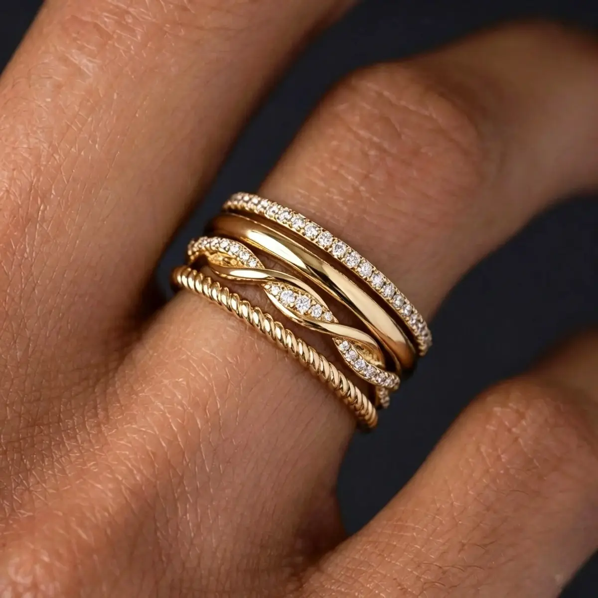 14K Gold Plated Stackable Rings Set for Women, Non-Tarnish Dainty Cubic Zirconia Minimalist Wedding Bands, Statement Engagement Promise Thumb Ring Size 7 8 9 10 Birthday Gift for Her