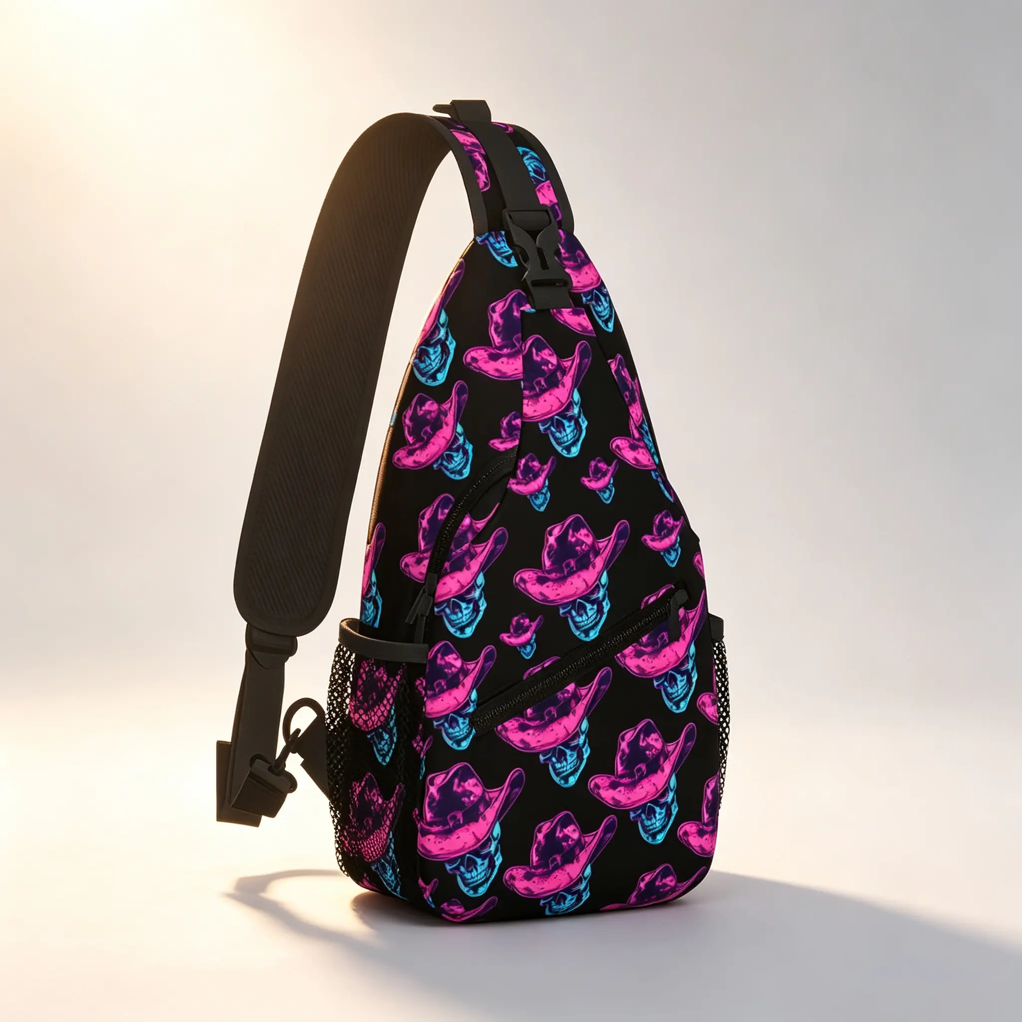 Neon Skulls Print Crossbody Sling Backpack, High-Density Polyester Chest Bag for Men Women, Travel Hiking Daypack with Side Pouch & Adjustable Comfortable Straps