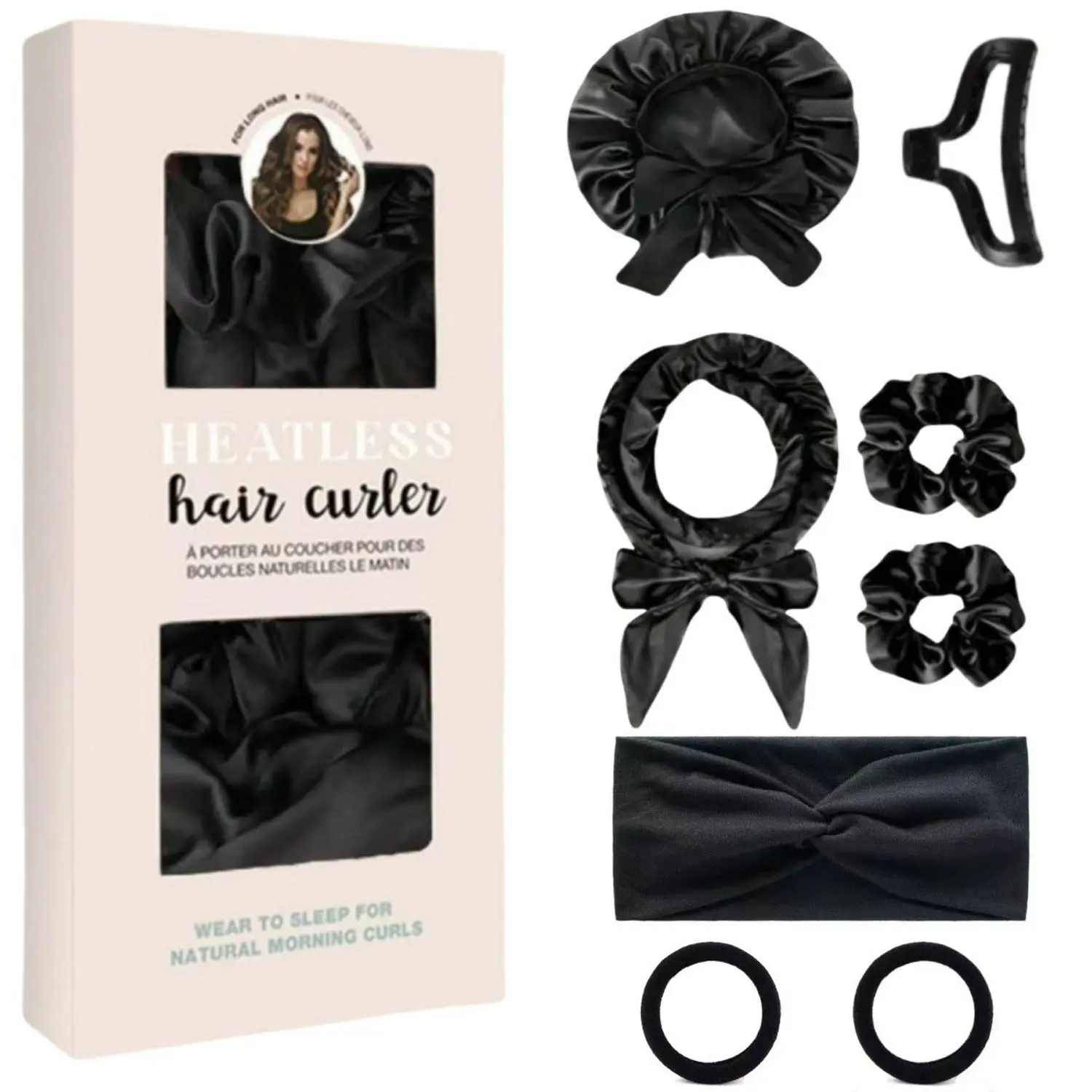 8Pcs Satin Heatless Curling Set, Luxury Overnight No-Heat Hair Curler Kit Heatless Hair Curlers with Satin Bonnet, Curling Headband, Scrunchies, Hair Clip & Hair Ties, Wake Up with Salon-Like Soft Curls, Smooth Waves & Frizz-Free Hair