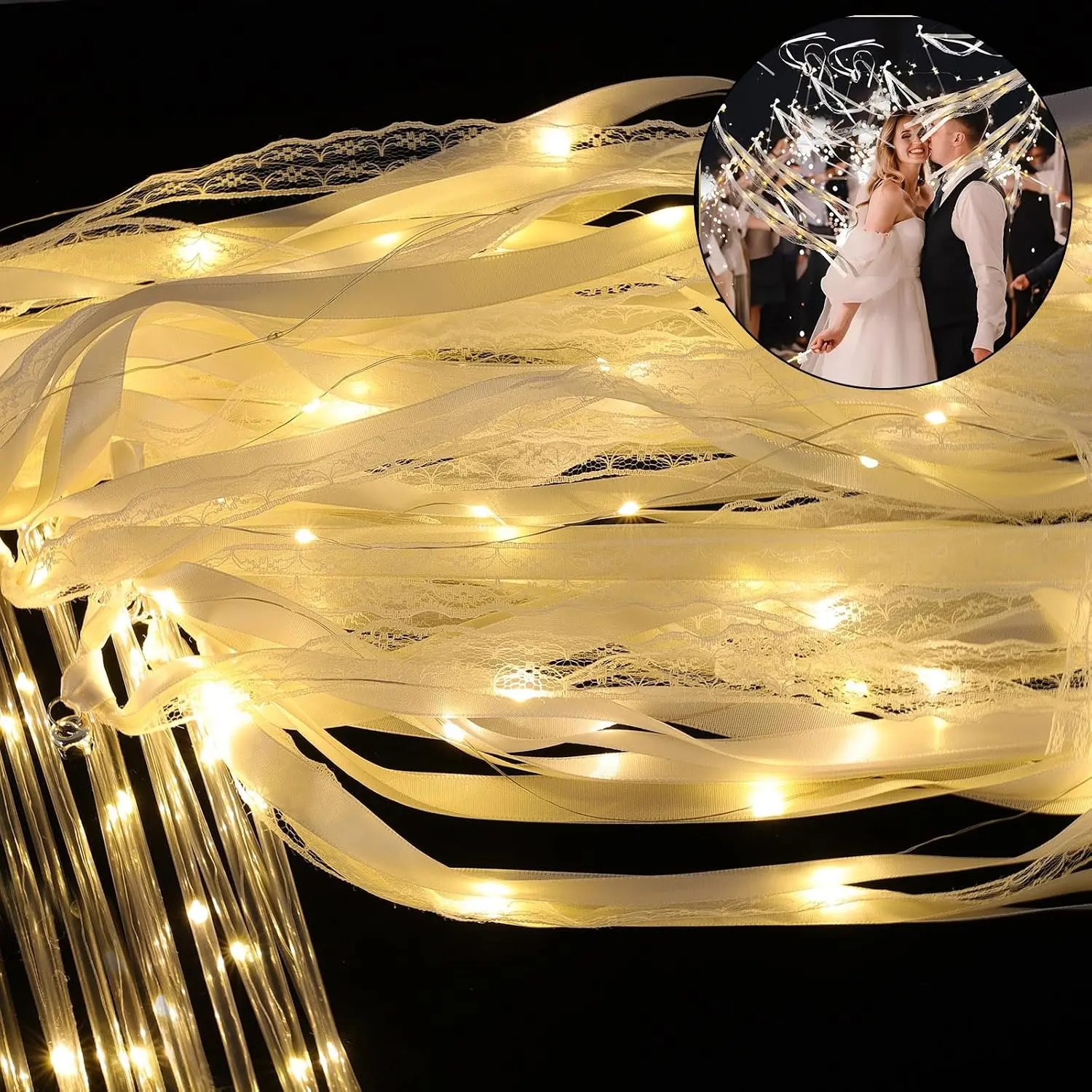 100 Pcs LED Light-Up Party Wands with 3 Colorful Flashing Modes, Silk Fairy Wands with Bells & Lace, Gifts for Wedding Reception Decor, Birthday Party (Warm White)