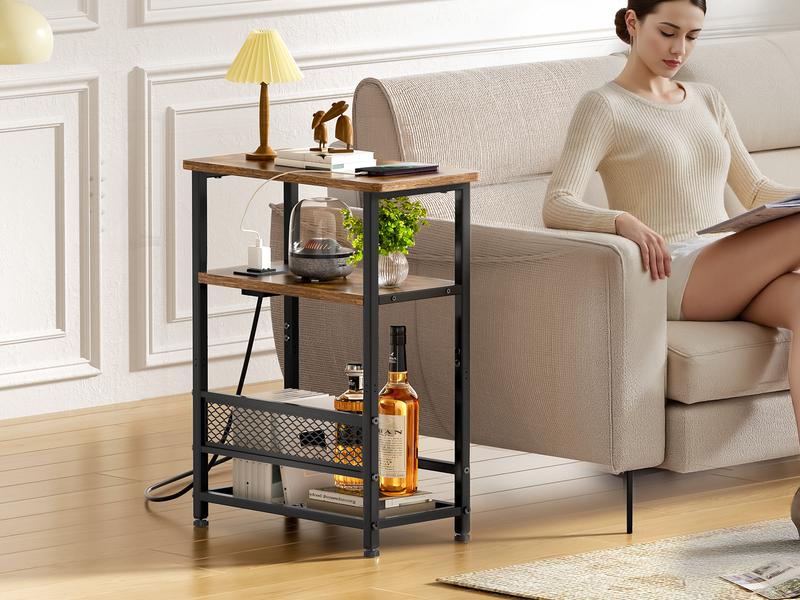 Flycity Side Table with Charging Station,2-3 Tires Narrow End Tables with USB Ports,Shelves & Magazine Rack for Small Spaces Furniture Living Room Storage Modern Nightstand Bedside Cabinet