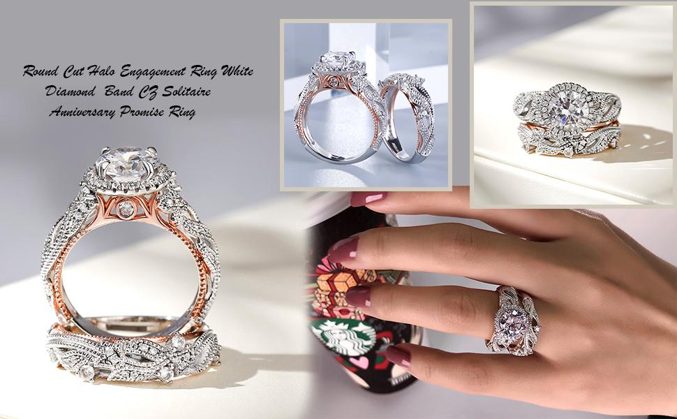 Jeulia 4 Carat Openwork Ring Sets for Women 925 Sterling Silver Wedding Sets Rose Golden Round Cut Halo Engagement Ring White band CZ Solitaire Anniversary Promise Rings wedding set Sterling Silver