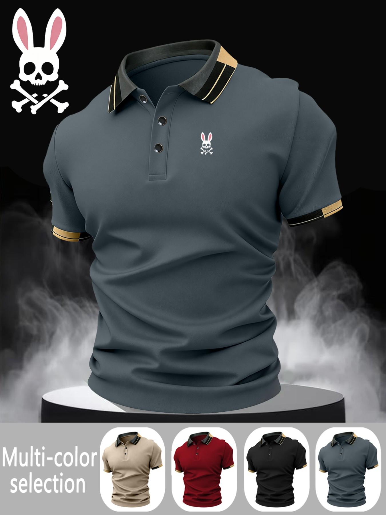 Men's Skull Rabbit Print Collared Polo Shirt, Elastic Casual Breathable Summer Polos Four Seasons Wear, Comfortable Durable High-End Polo Top, Casual Polo Shirts