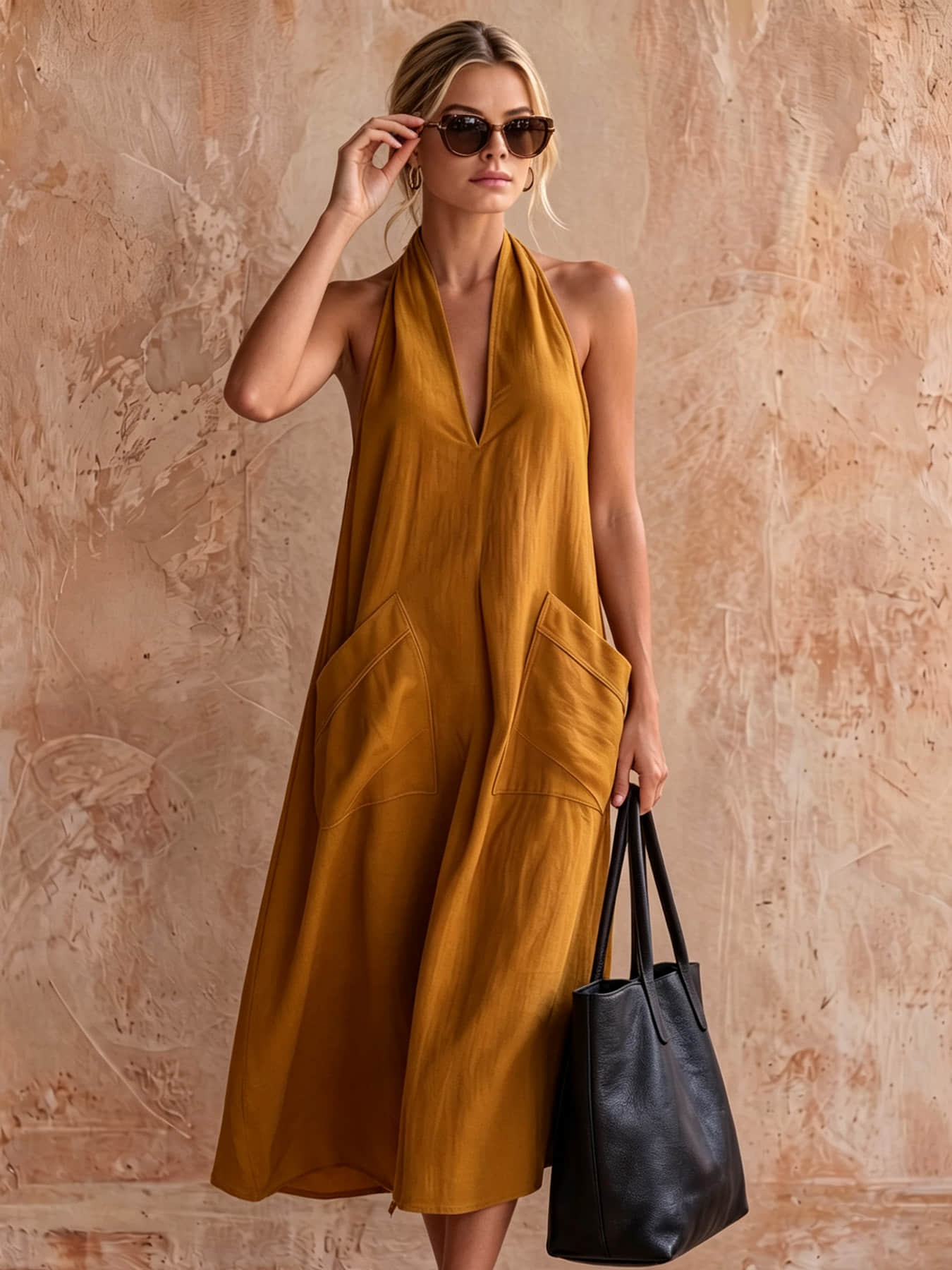 A fashionable women's neck hanging V-neck dress, summer Minimalist Casual loose sleeveless mid length lazy vacation long dress beach party dress suitable for beach vacation, coffee shop relaxation, afternoon tea, daily commuting, light office banquet