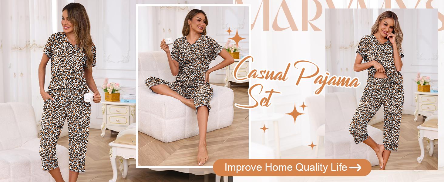 Marvmys Womens 2 Pack Pajama Sets Short Sleeve Pajamas Tops and Capri Pants Pjs Print Lounge Sets with Pockets S-3XL Loungewear Nightwear