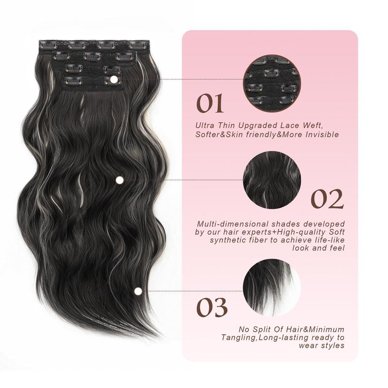【QBEAUTY】24--Clip- in Synthetic Hair Extensions Long Wavy 4PCS Thick Hairpieces  Double Weft Natural Hair Extensions for WomenNew Upgraded Lace Weft Natural Thick Hairpieces Same Amount Of Full Hair With Lighter Weight All Day Comfort Outdoorfun