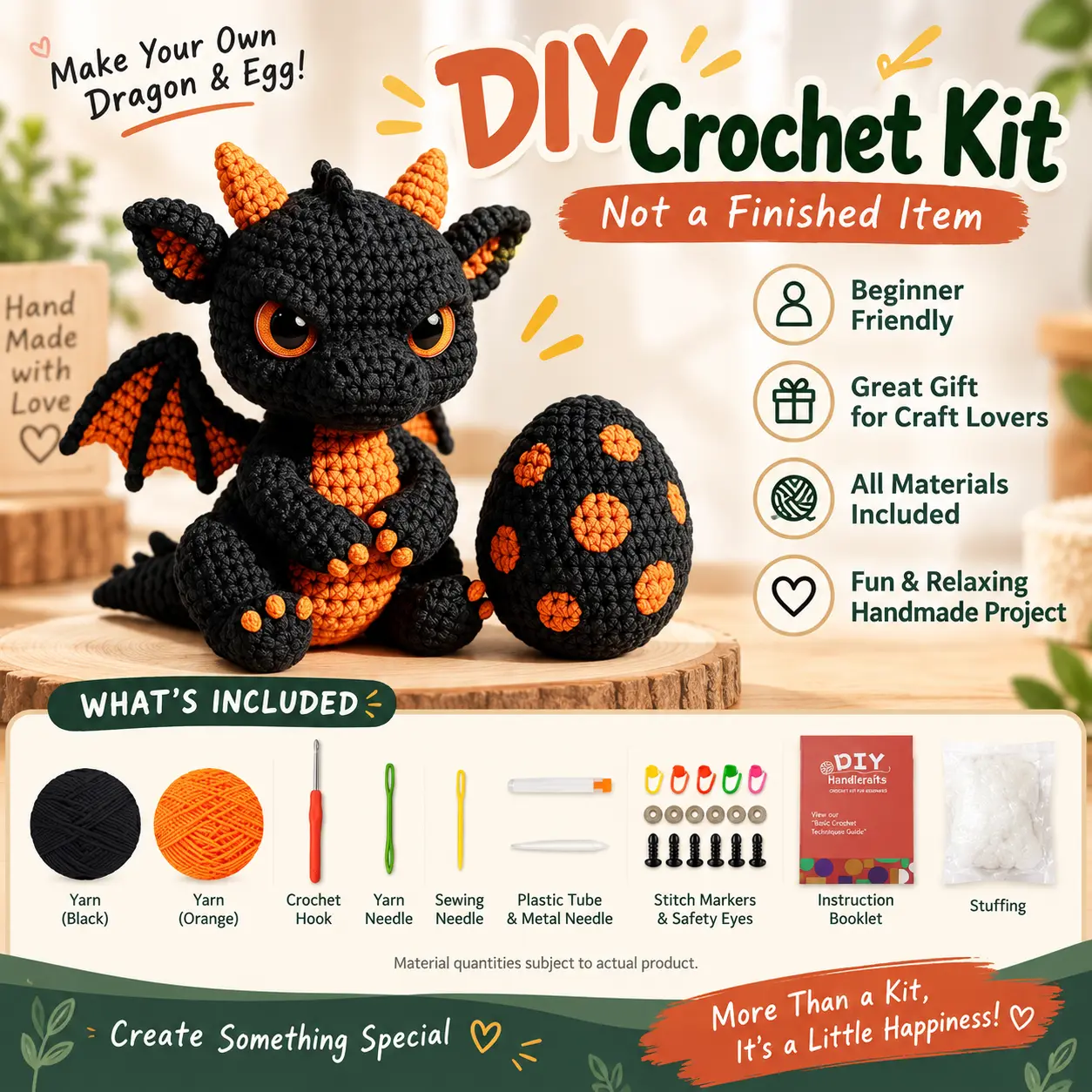 DIY Crochet Dragon Kit with Egg, Black Orange Amigurumi Dragon Making Kit, Create Your Own Cute Fantasy Dragon Plush Toy, Beginner Friendly Crochet Starter Kit with Yarn, Hook, Stuffing, Safety Eyes, Needles & Accessories, Handmade Craft Gift for Adults T
