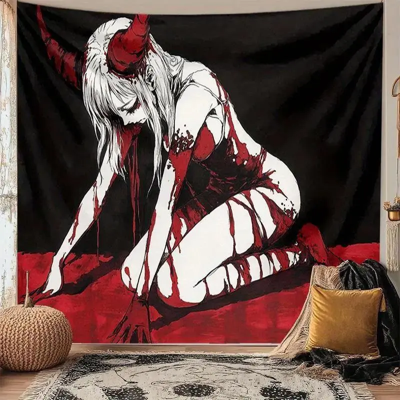 Gothic Dark Aesthetic Anime Girl Wall Tapestry, Cool Red Paint Splatter Horned Demon Backdrop Flag, Vintage Cyberpunk Room Decor Fabric Poster for Gamers
