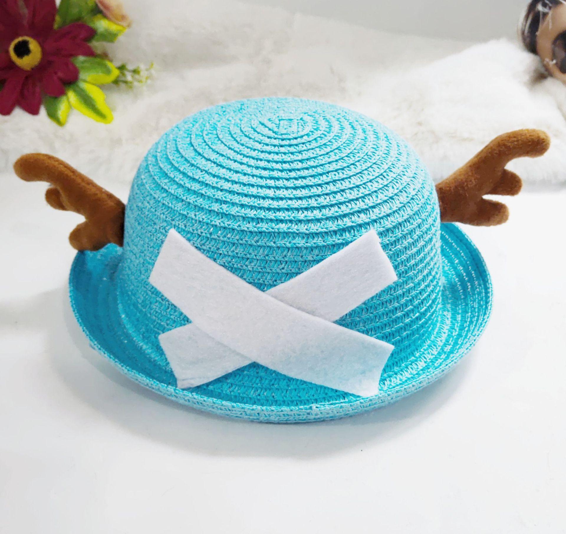 New two-dimensional anime straw hat, One Piece cartoon hat, cosplay accessory with round top and antlers, summer sunshade, gift for friends party