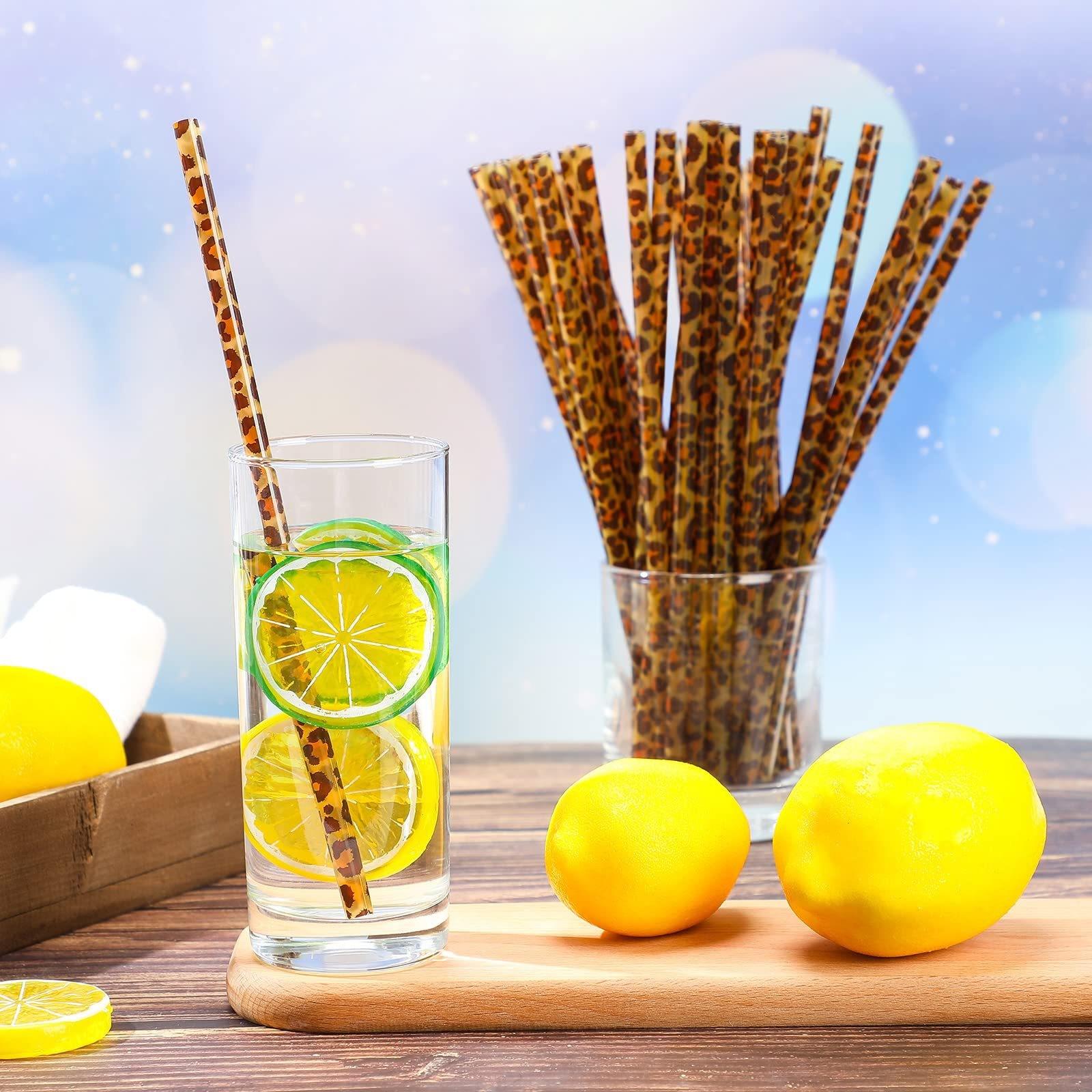 10/20PCS Reusable Leopard Print PP Drinking Straws Set (with 1/2 Brushes), 9-Inch Straws, Durable Easy-to-Clean Smooth-Edge Design for Iced Coffee, Juice, Smoothies, Party & Home Daily Use, Bar Accessories
