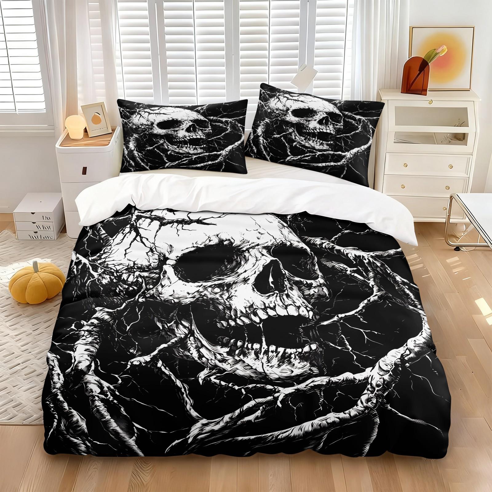 Black White Horror Skull Decorative Duvet Cover Set 3 Pieces No Filler, 1 Duvet Cover + 1-2 Coreless Pillowcases, Vintage Twisted Root Skeleton Print, Breathable Soft Comfy Dark Gothic Bedroom Bedding