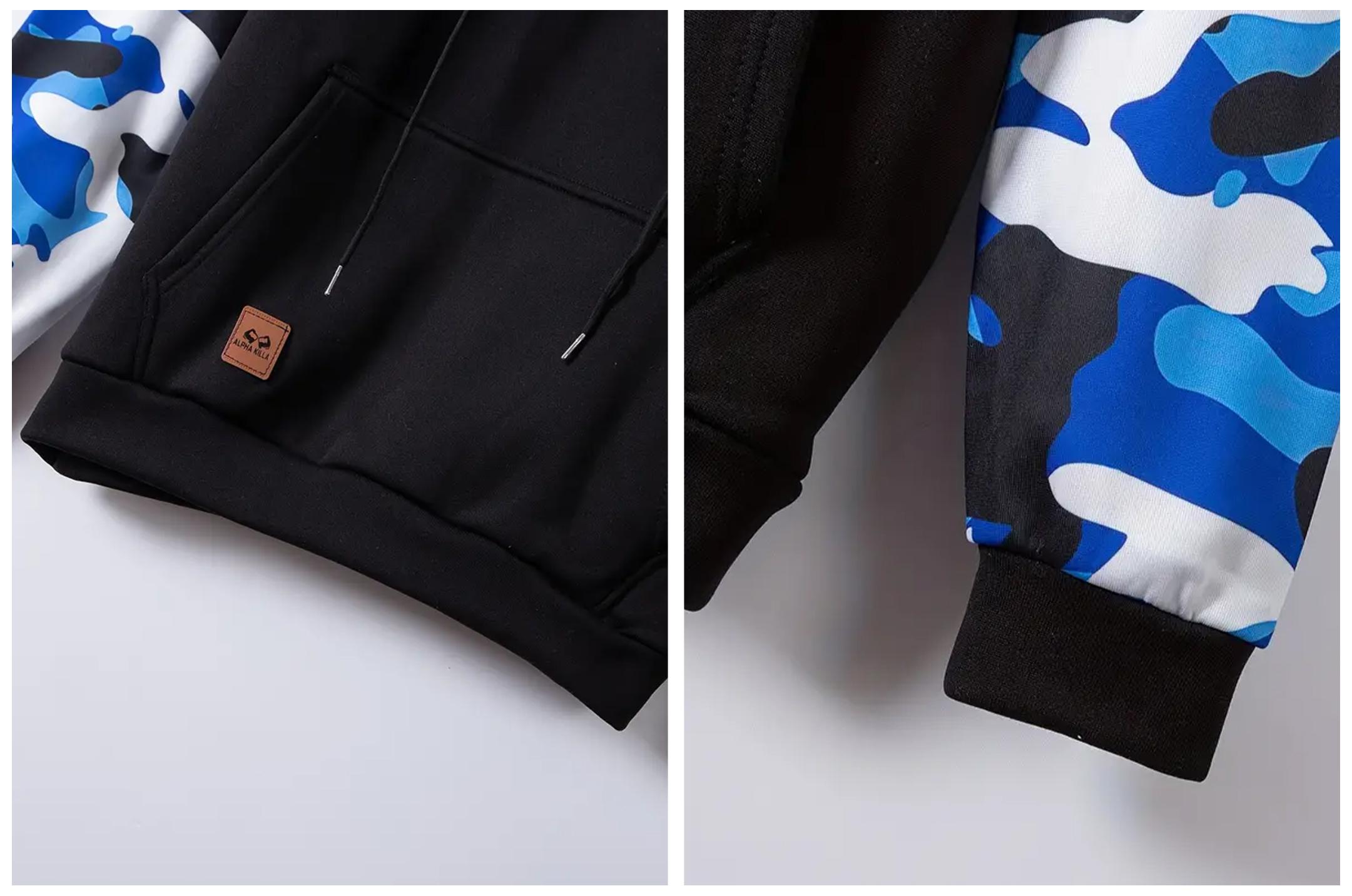 Stitching Hooded Men's Faith Printed Camouflage American Vintage Zipper Sweatshirt, Loose Fit Pullover Design with Top Stitching and Slit Pocket, Available in Red, Army Green, Blue, and Gray