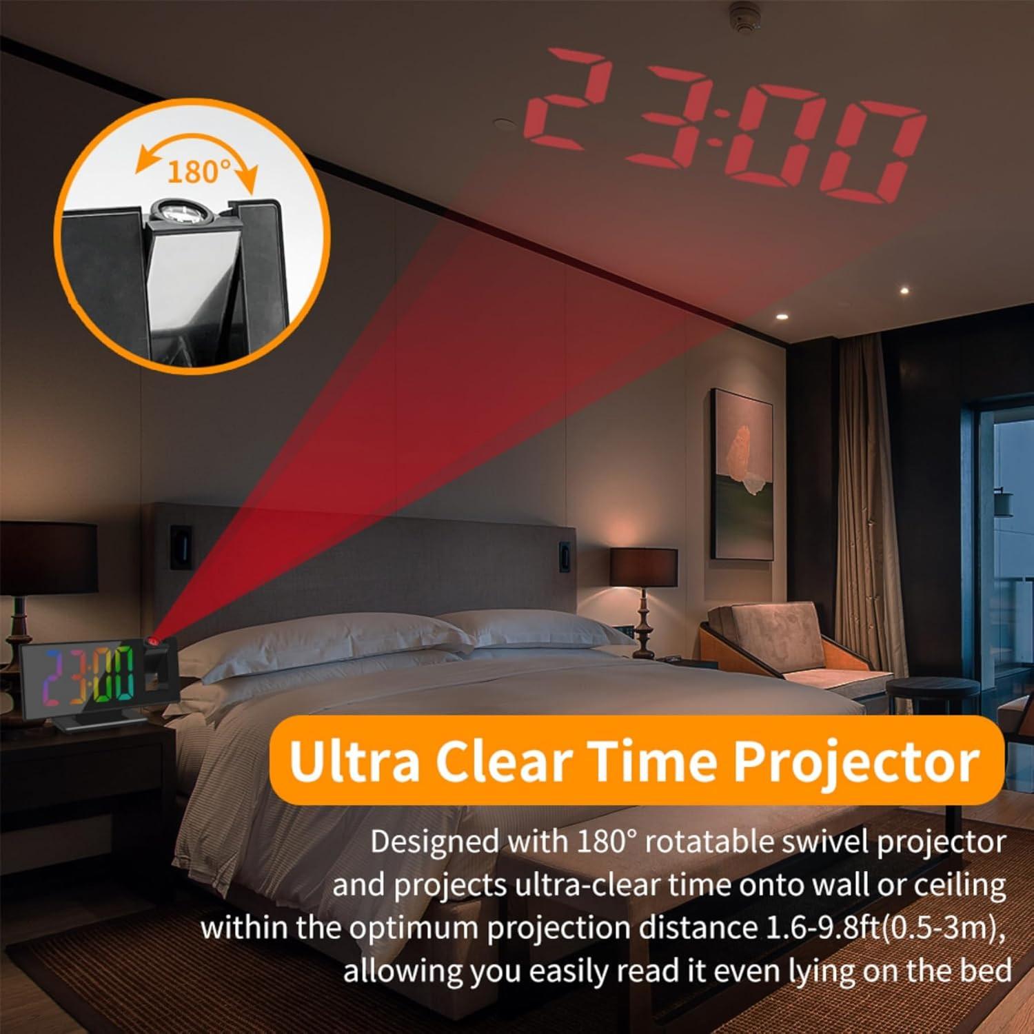 180° arm-extending projection alarm clock, LED projection digital alarm clock with USB interface, tabletop alarm clock, home decoration, suitable for bedrooms, deep sleepers, luminescent, mirror, Multifunctional alarm clock