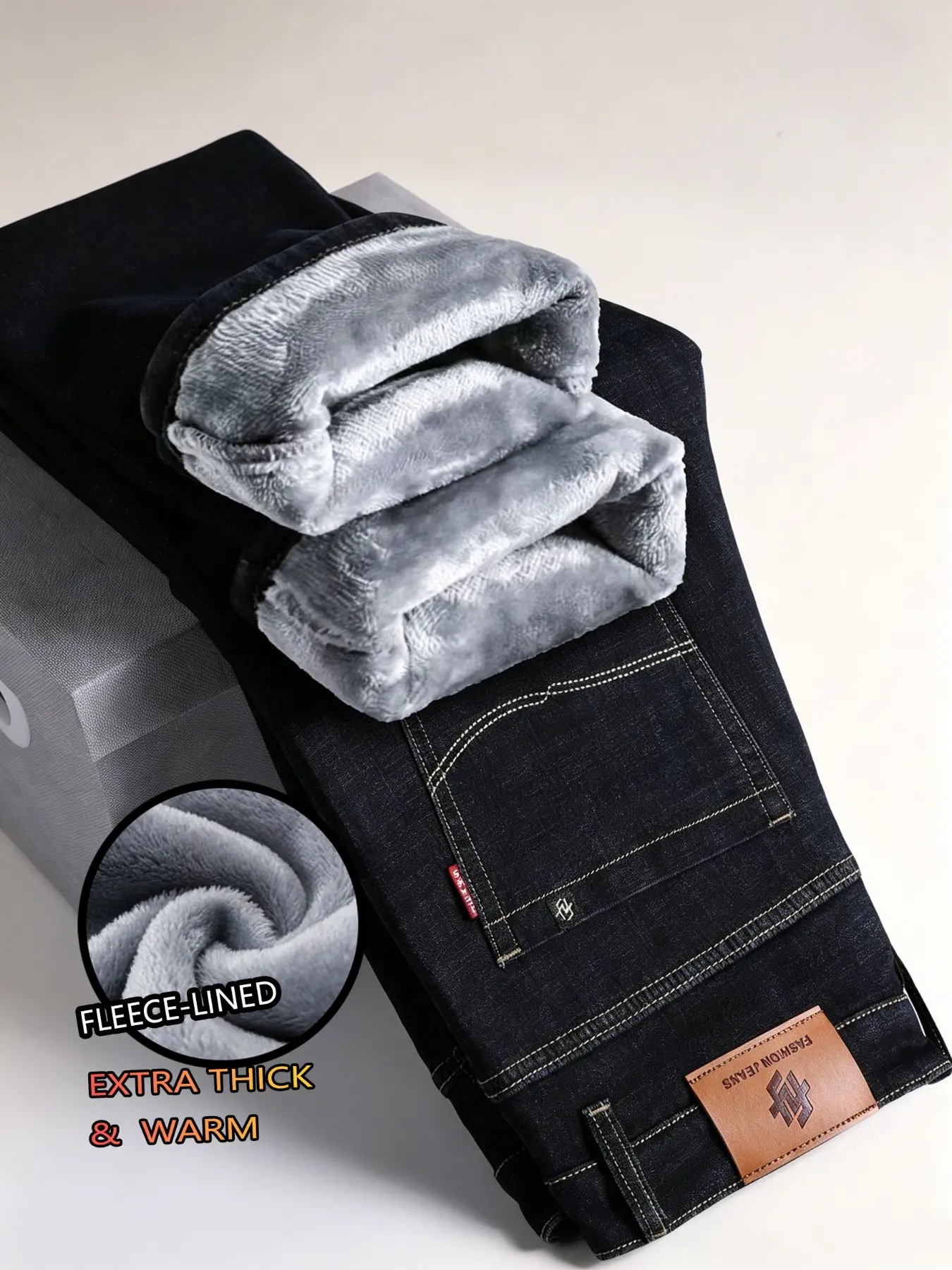 Thickened Winter Fall Fleece Jeans, Slim Fit Straight Leg Long Pants, New High Waist Casual Stretch Men's Trouser Pants, Warm and Comfortable