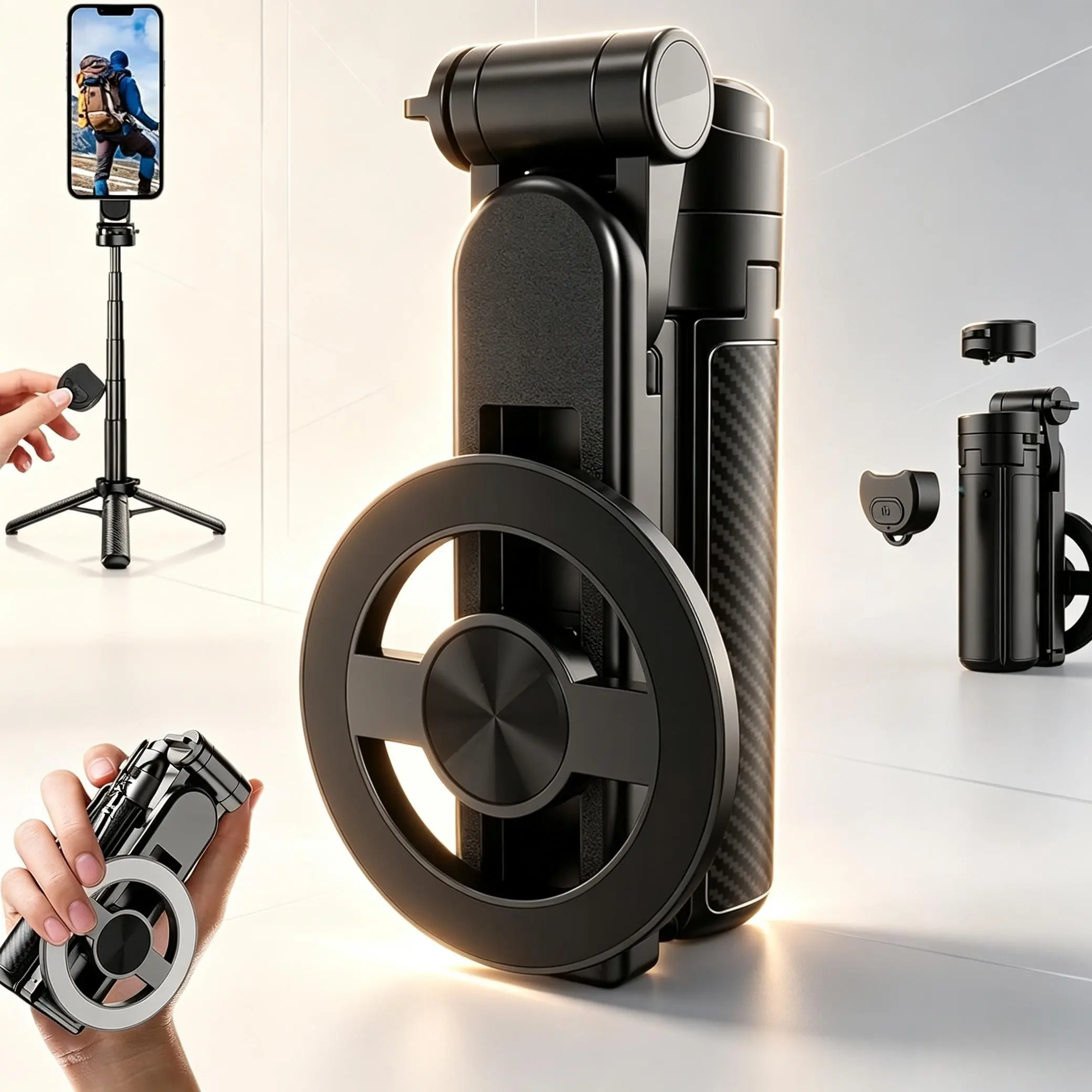 Magnetic Three-In-One Portable Selfie Stick, Carbon Fiber Body, Foldable Compact Mini Size, Bluetooth-compatible Remote, 10m Range, Travel & Outdoor Use