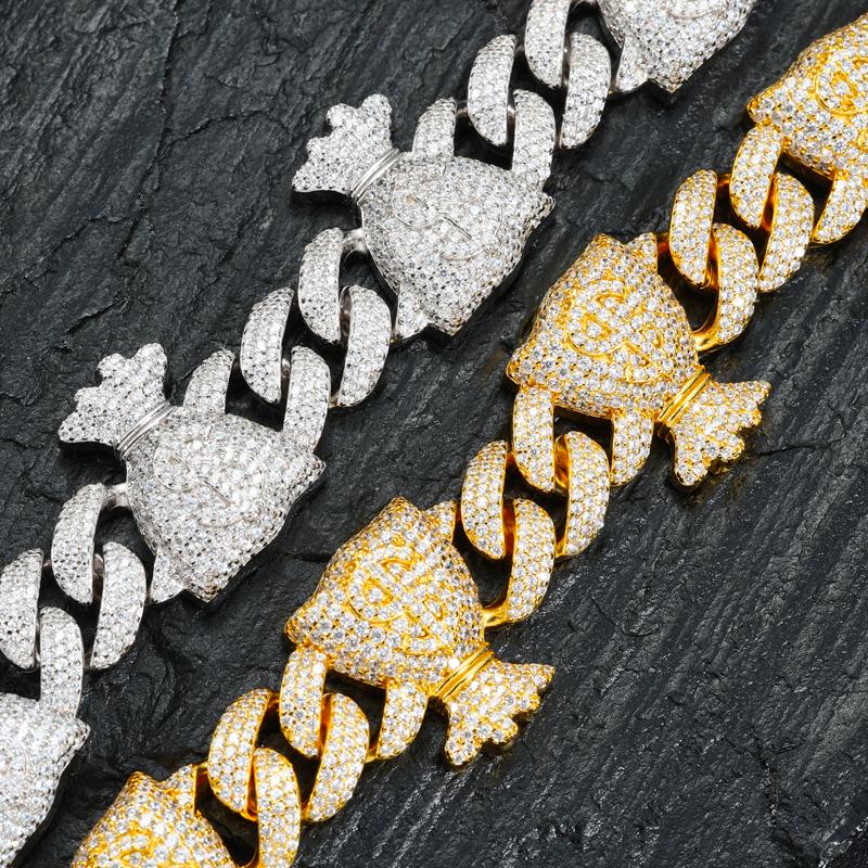 【#B315】Money Bag Charm Iced Out Cuban Link Bracelet UCCIYO Sparkling Synthetic Moissanite Chain Bracelet S925 Sterling Silver